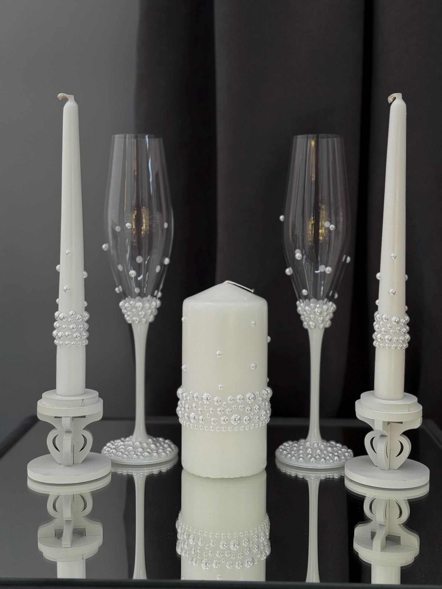 Handmade Pearl Wedding Flutes and Candle Set: Elegant Painted Glasses