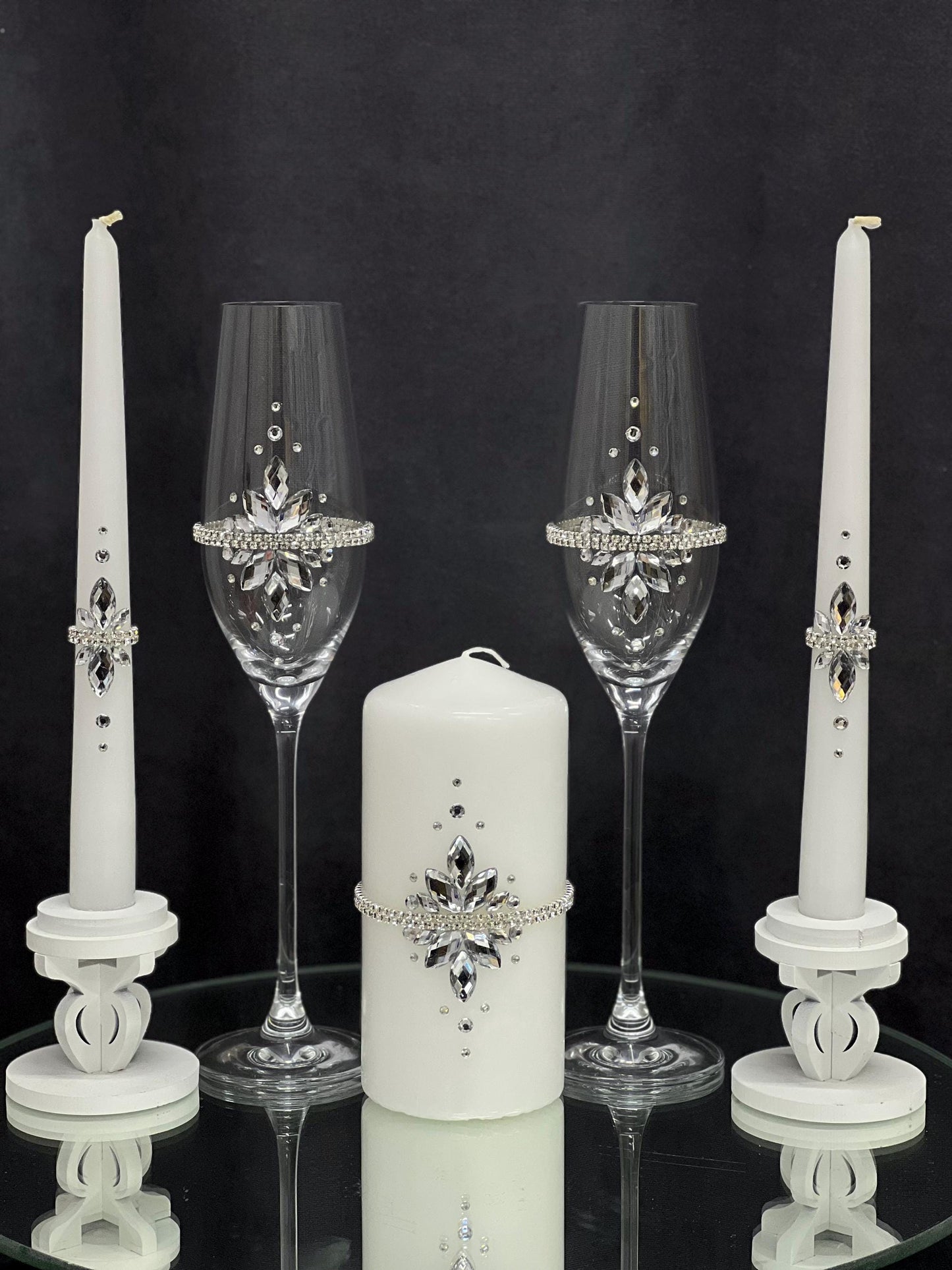 Wedding Accessories Set with Champagne Flutes, Cake Serving, Candles, Bride and Groom