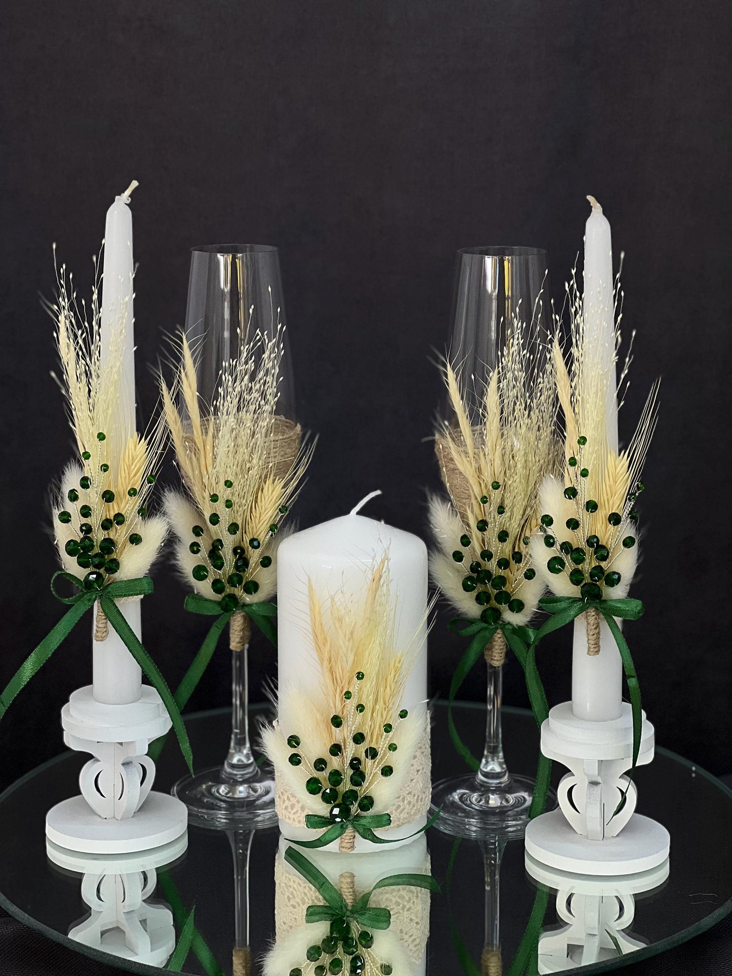 Stunning Wedding Flutes & Candle Set – White or Cream Glasses and Candles with Emerald Crystal Decoration, Wedding Gift, Bride and Groom