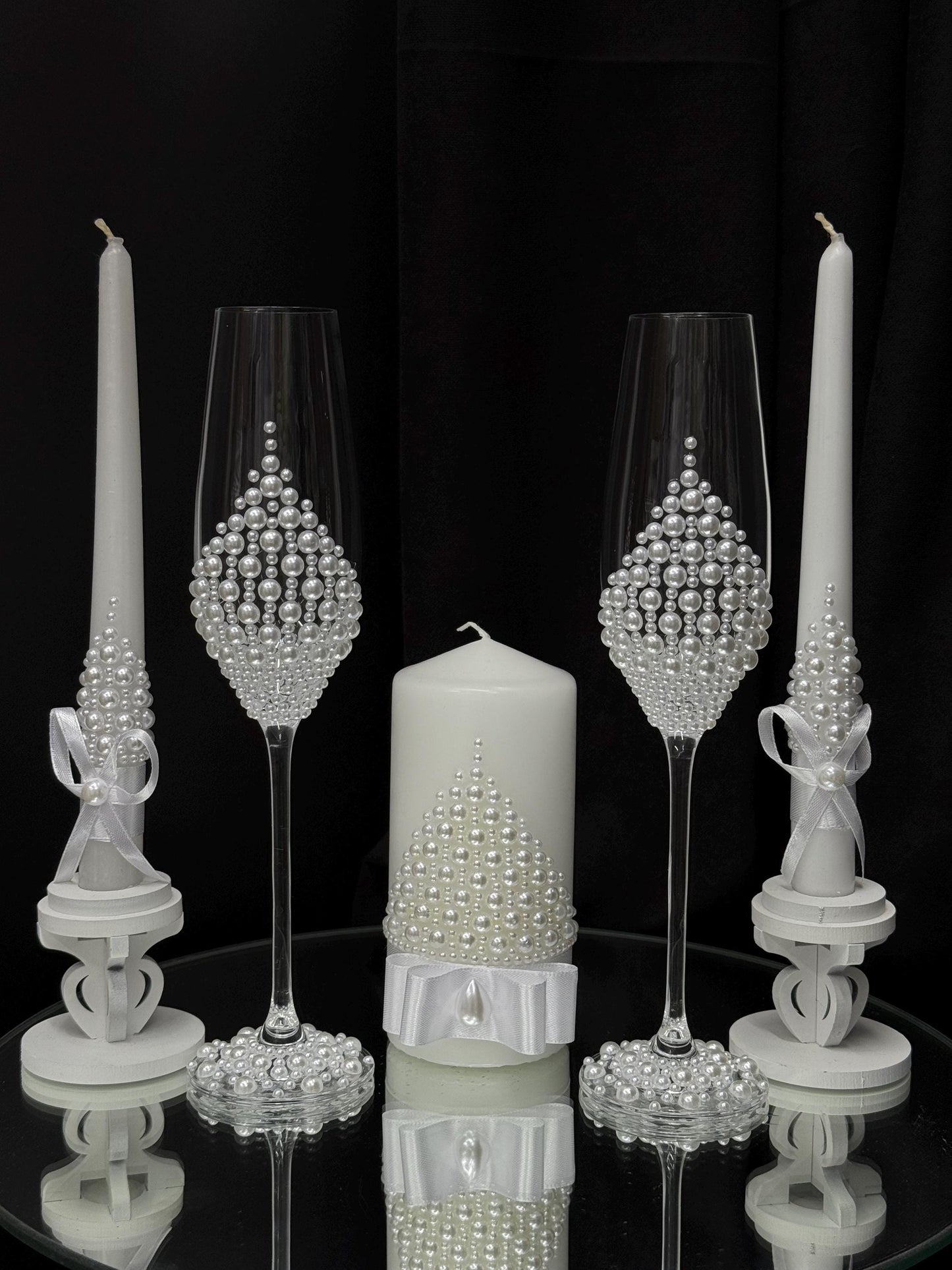 Wedding Flutes & Candle, Cutlery Set – White Glasses and Candles with Pearl Decoration, Wedding Gift, Bride and Groom