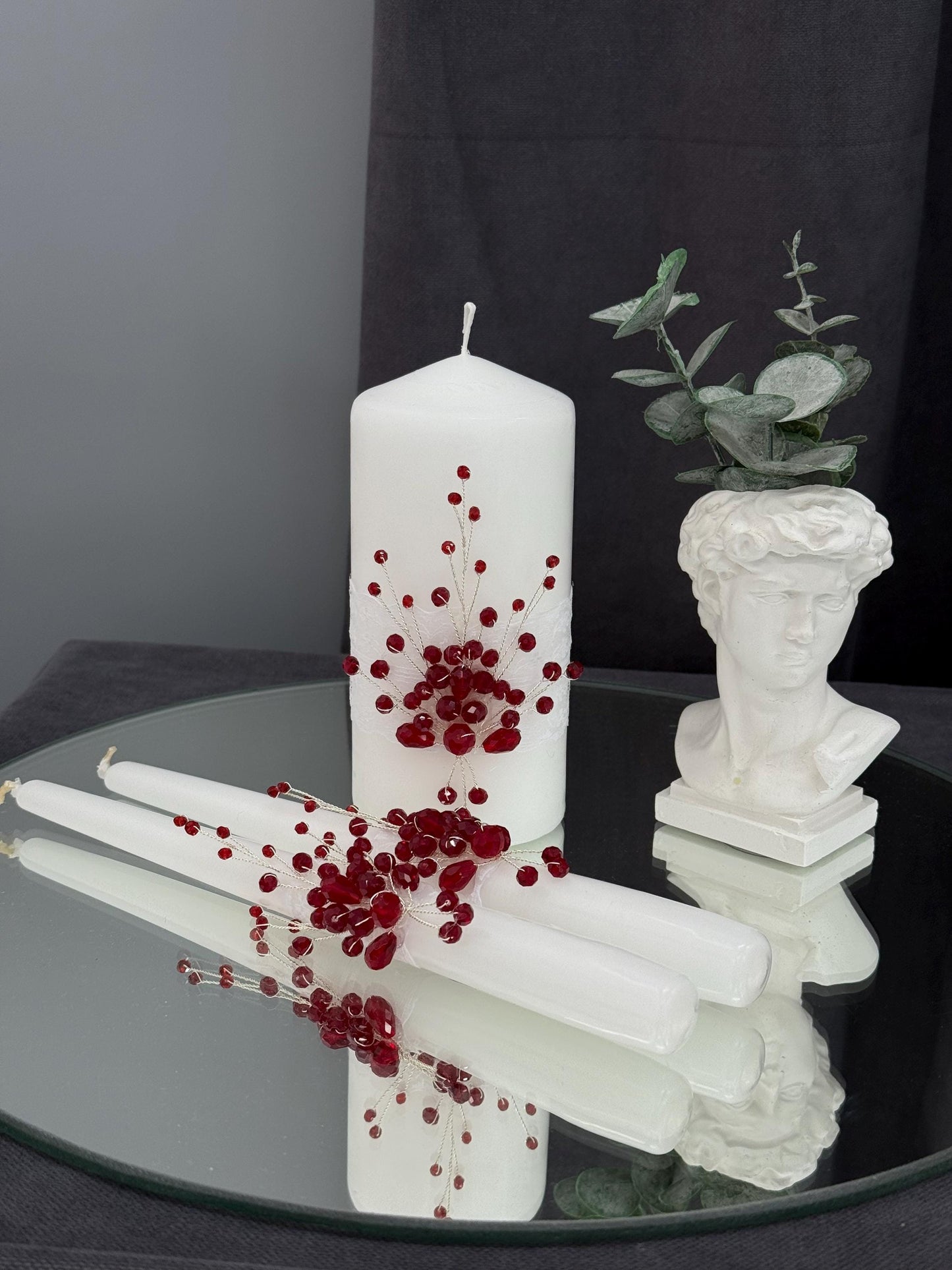 Personalized Red Wedding Flutes & Unity Candle Set: Engraved Champagne Glasses