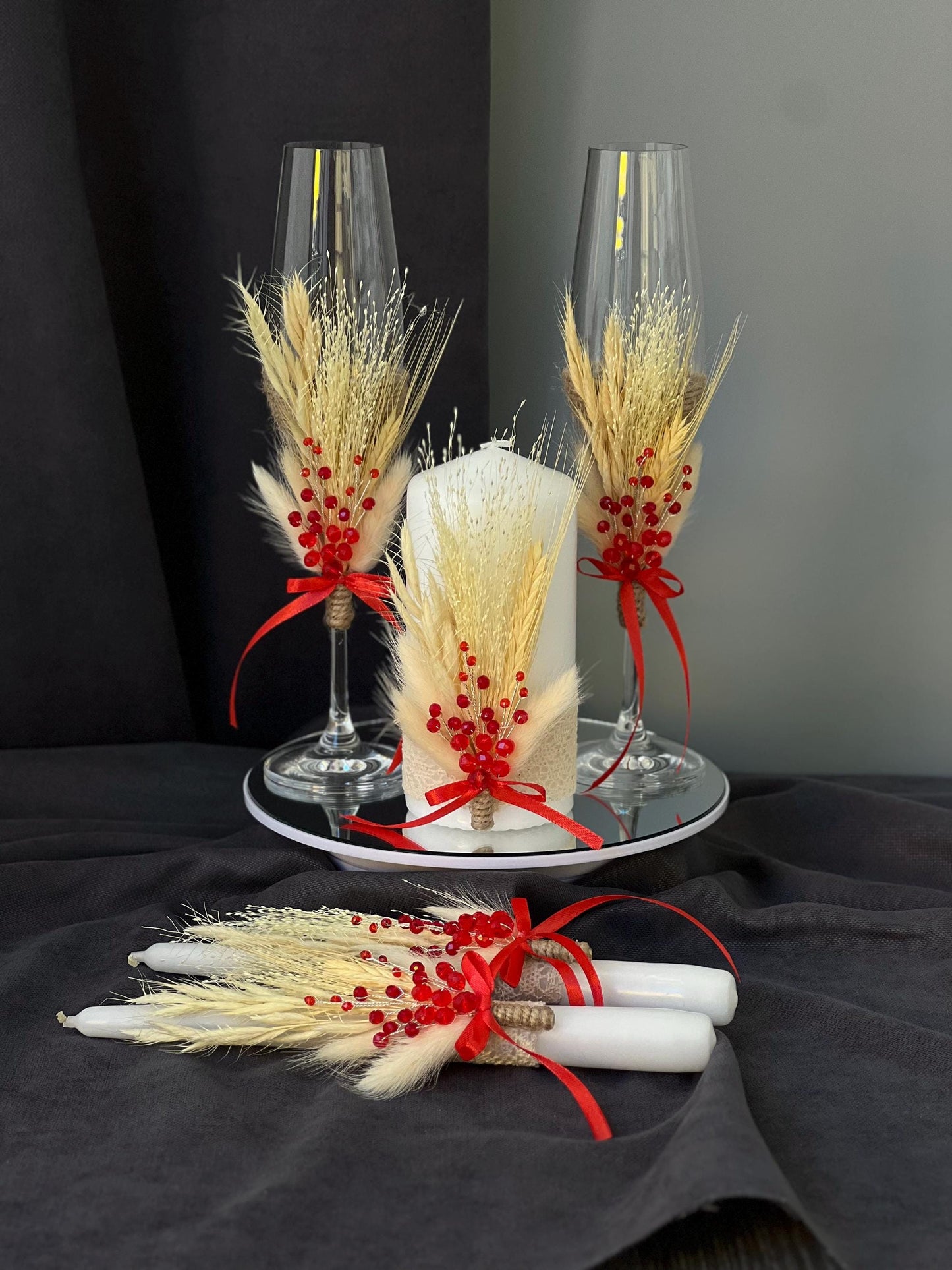 Emerald Wedding Champagne Flutes and Unity Candle Set