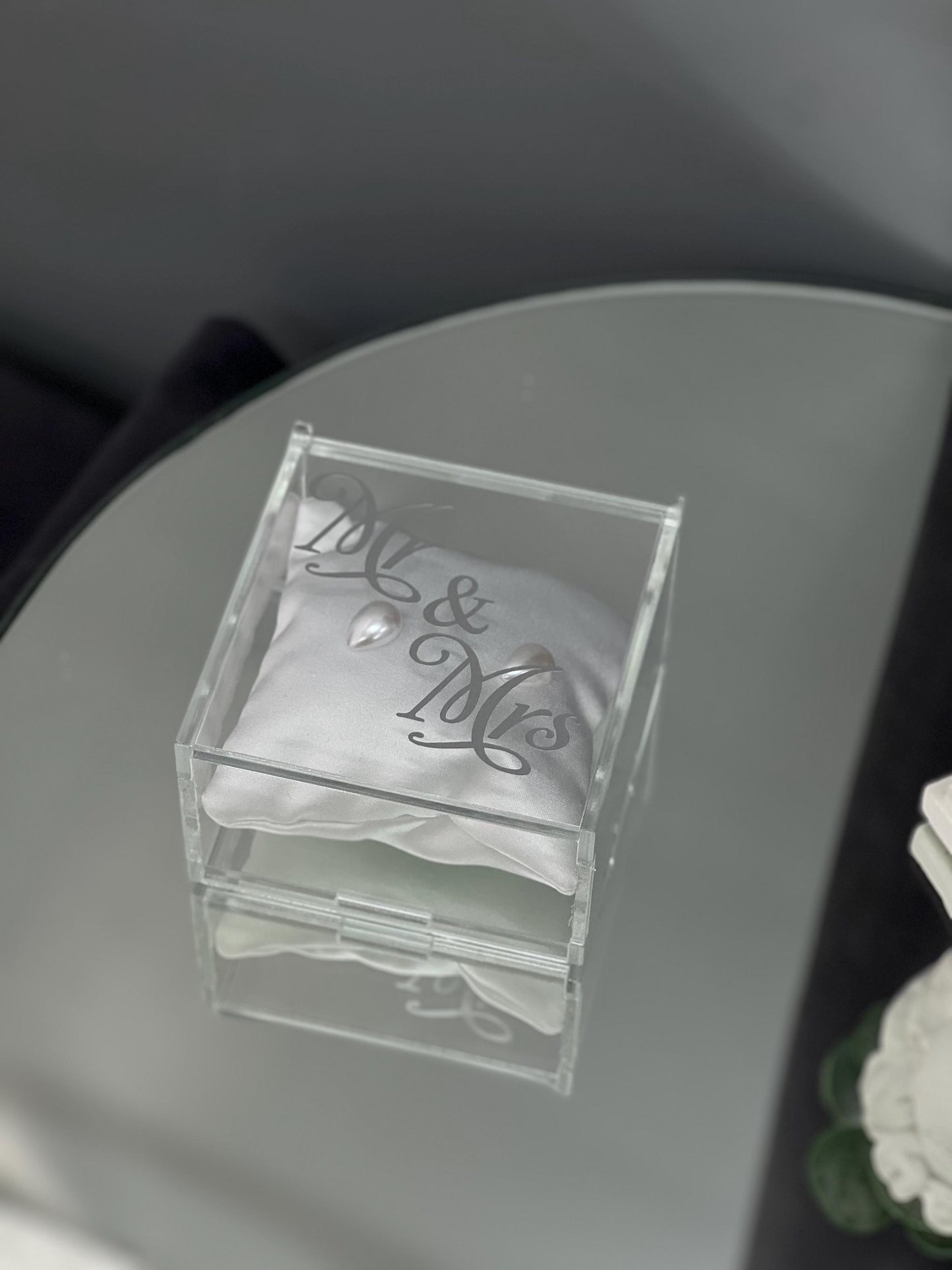 Personalized Wedding Ring Box, Acrylic Transparent Holder with Beads, Cushion, Gold or Silver