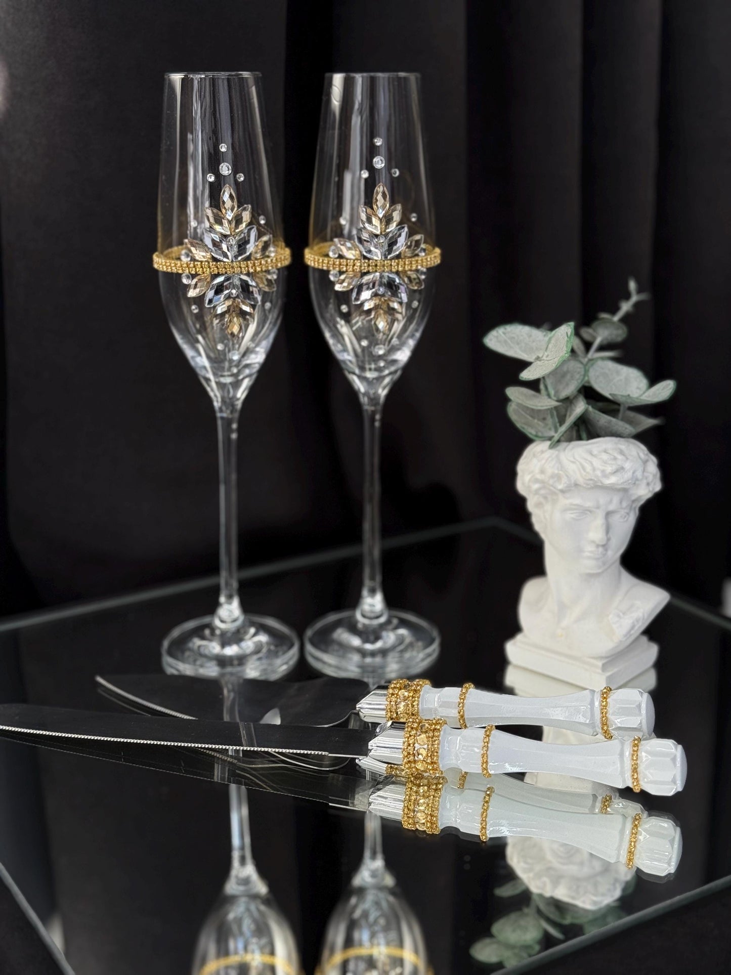 Gold Wedding Cake Serving Set: Champagne Flutes, Knife, Server, Acrylic Crystals