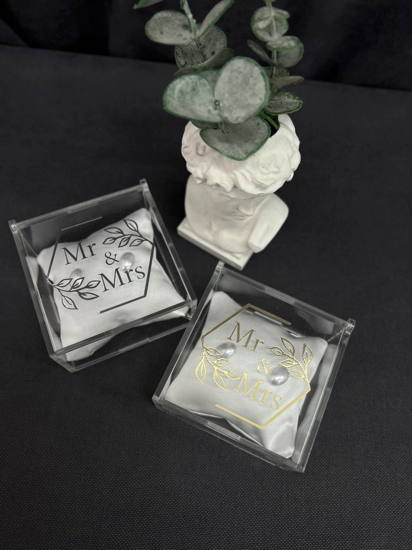 Personalized Wedding Ring Box, Acrylic Transparent Holder with Beads, Cushion, Gold or Silver