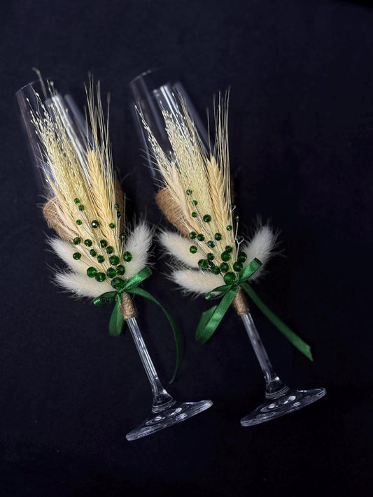 Stunning Wedding Flutes & Candle Set – White or Cream Glasses and Candles with Emerald Crystal Decoration, Wedding Gift, Bride and Groom