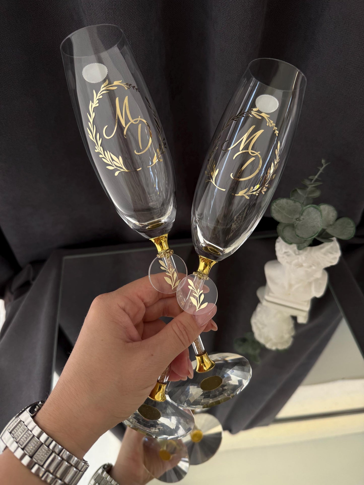 Crystal Wedding Glasses with Personalization, For Newlyweds, Bride and Groom, Name Engraved Flutes