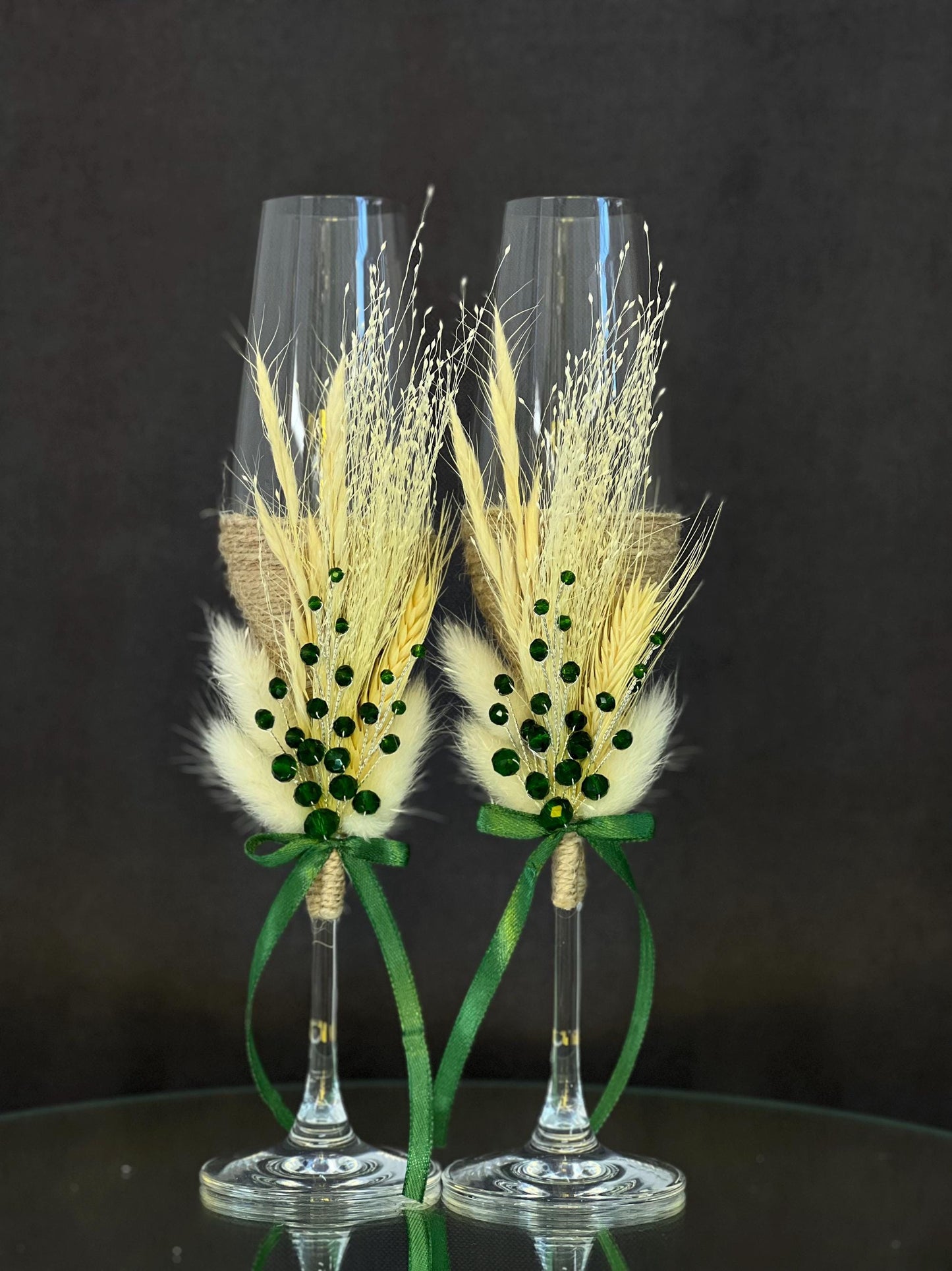 Emerald Wedding Champagne Flutes and Unity Candle Set