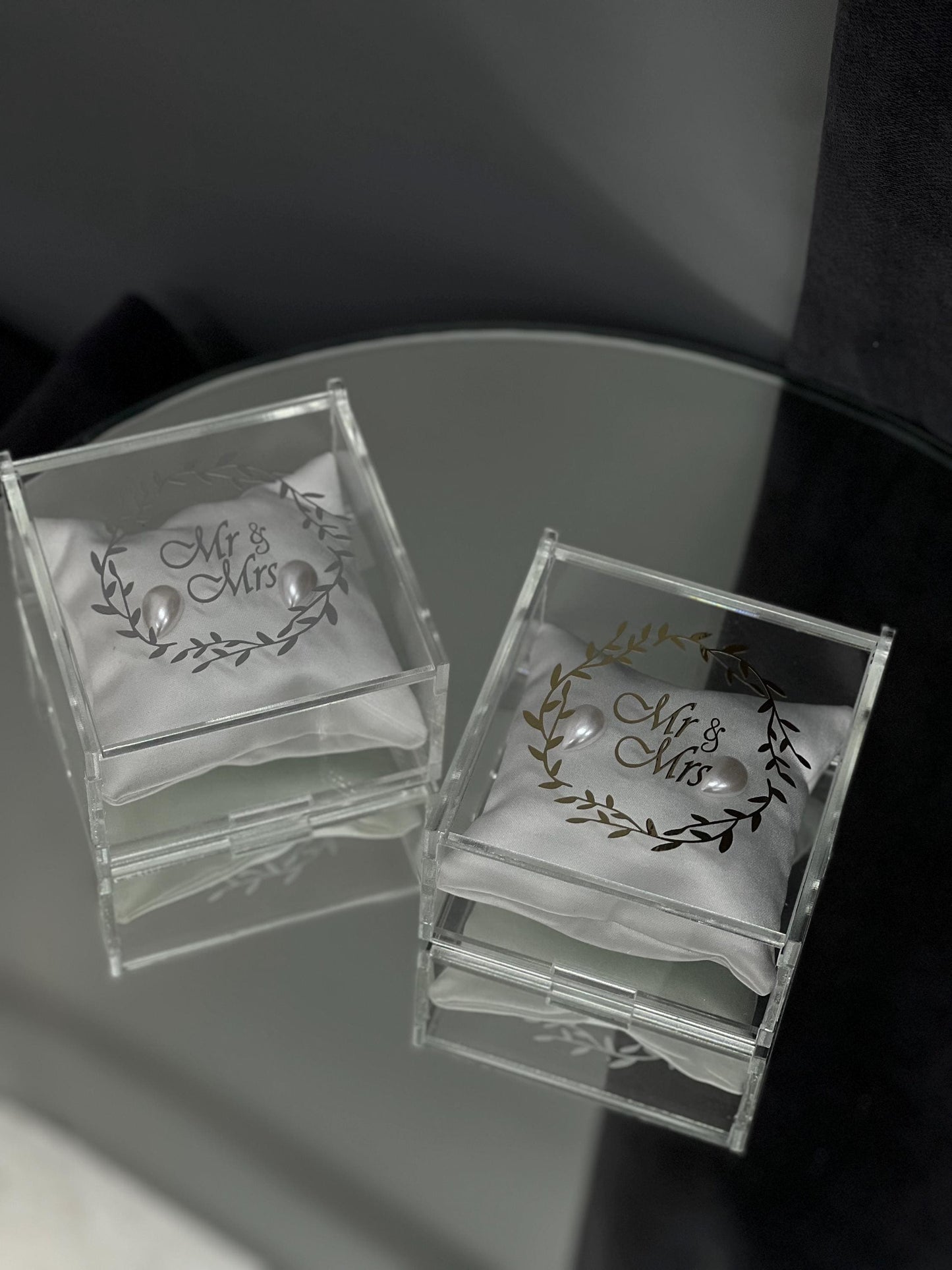 Personalized Wedding Ring Box, Acrylic Transparent Holder with Beads, Cushion, Gold or Silver