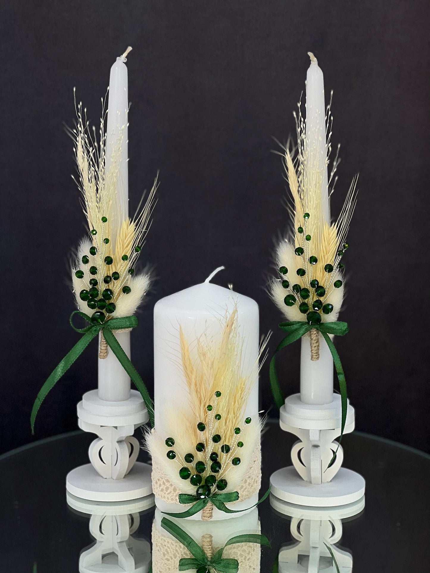 Stunning Wedding Flutes & Candle Set – White or Cream Glasses and Candles with Emerald Crystal Decoration, Wedding Gift, Bride and Groom