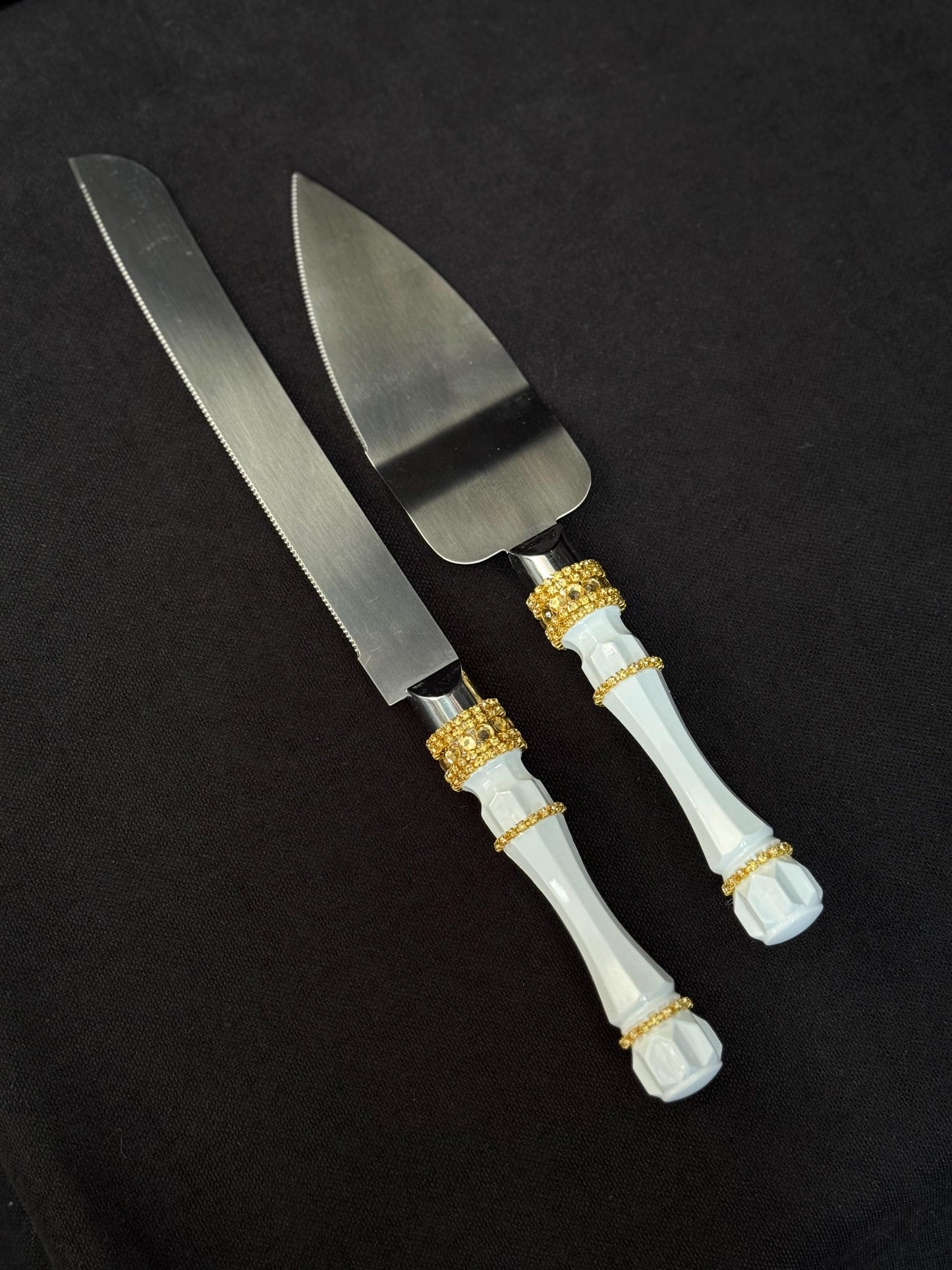 Gold Wedding Cake Serving Set: Champagne Flutes, Knife, Server, Acrylic Crystals
