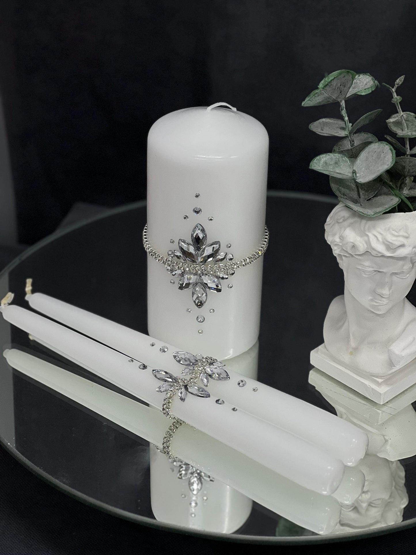 Wedding Accessories Set with Champagne Flutes, Cake Serving, Candles, Bride and Groom