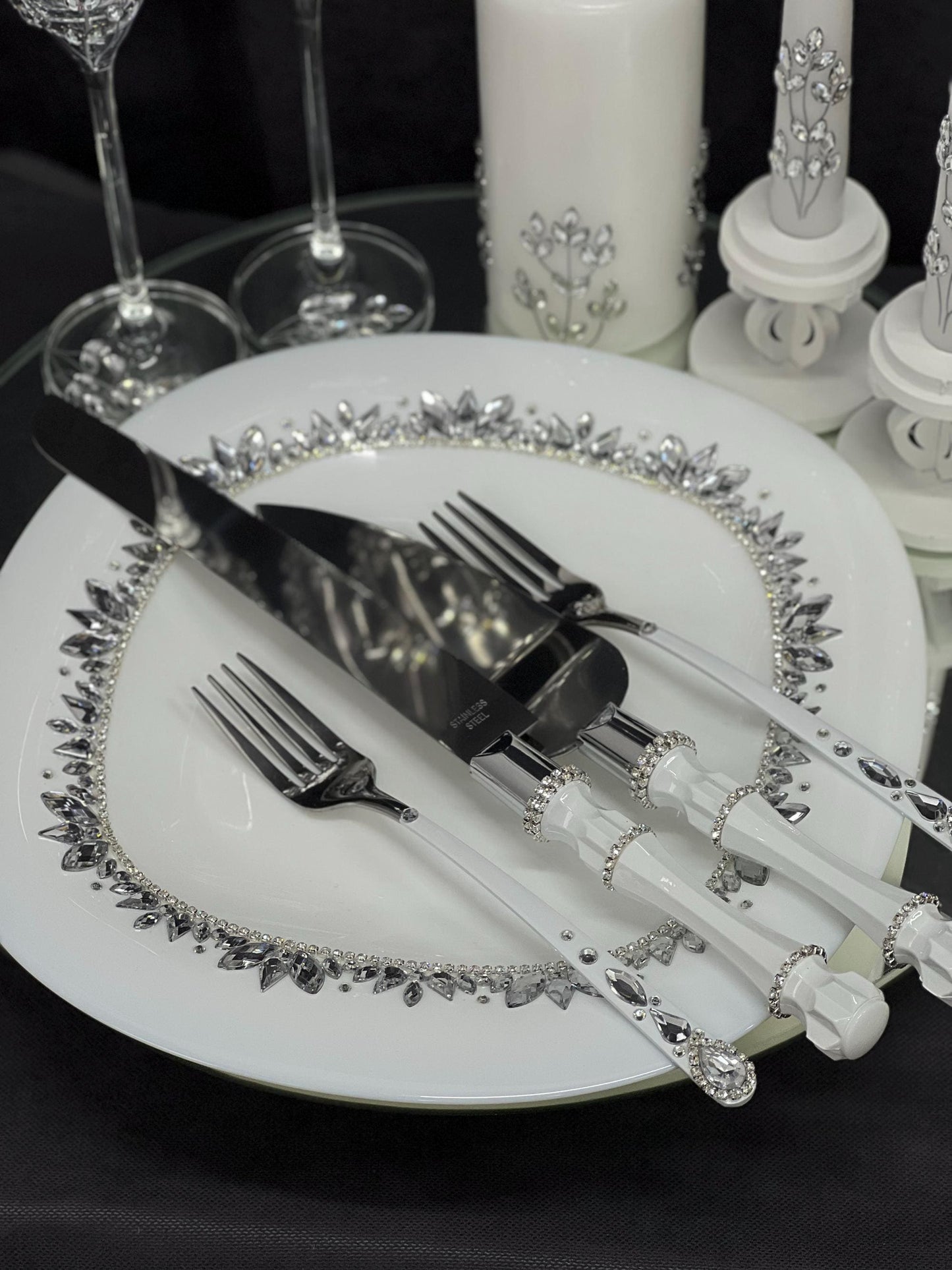 Wedding Accessories Set – Handmade Glasses, Candle and Cake Cutting Collection, Plate & Forks,