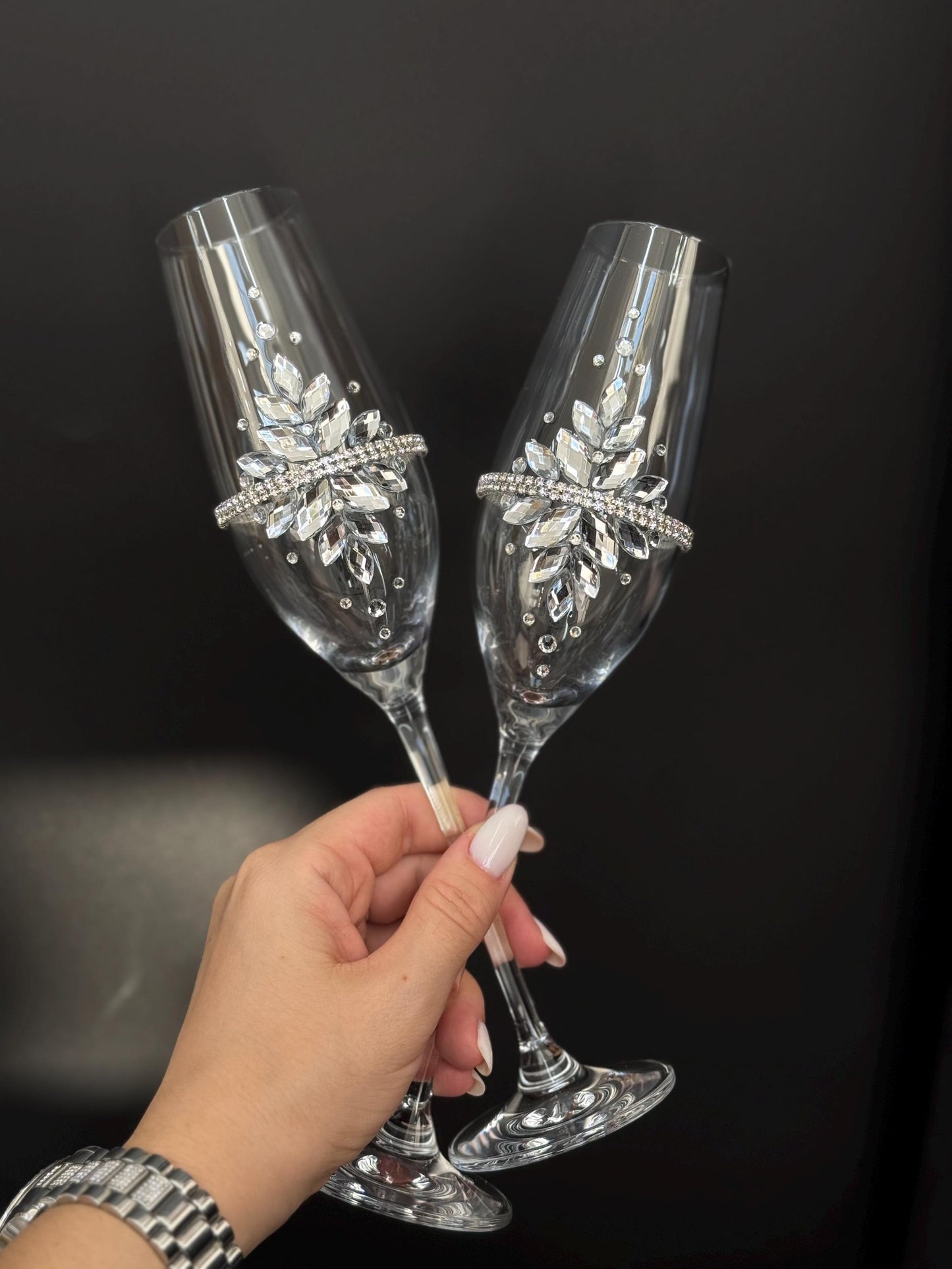 Silver Wedding Cake Serving Set: Champagne Flutes, Knife, Acrylic Crystals