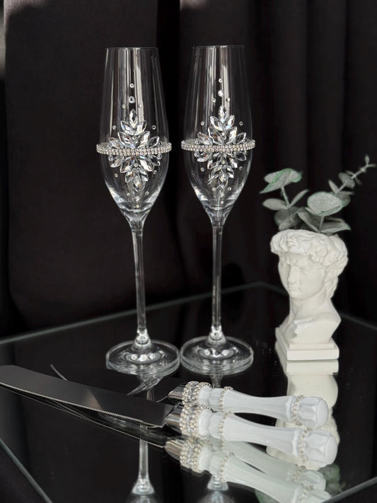 Silver Wedding Cake Serving Set: Champagne Flutes, Knife, Acrylic Crystals