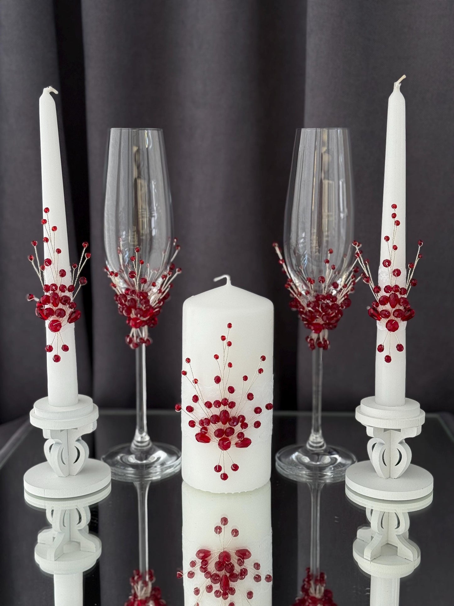 Personalized Red Wedding Flutes & Unity Candle Set: Engraved Champagne Glasses
