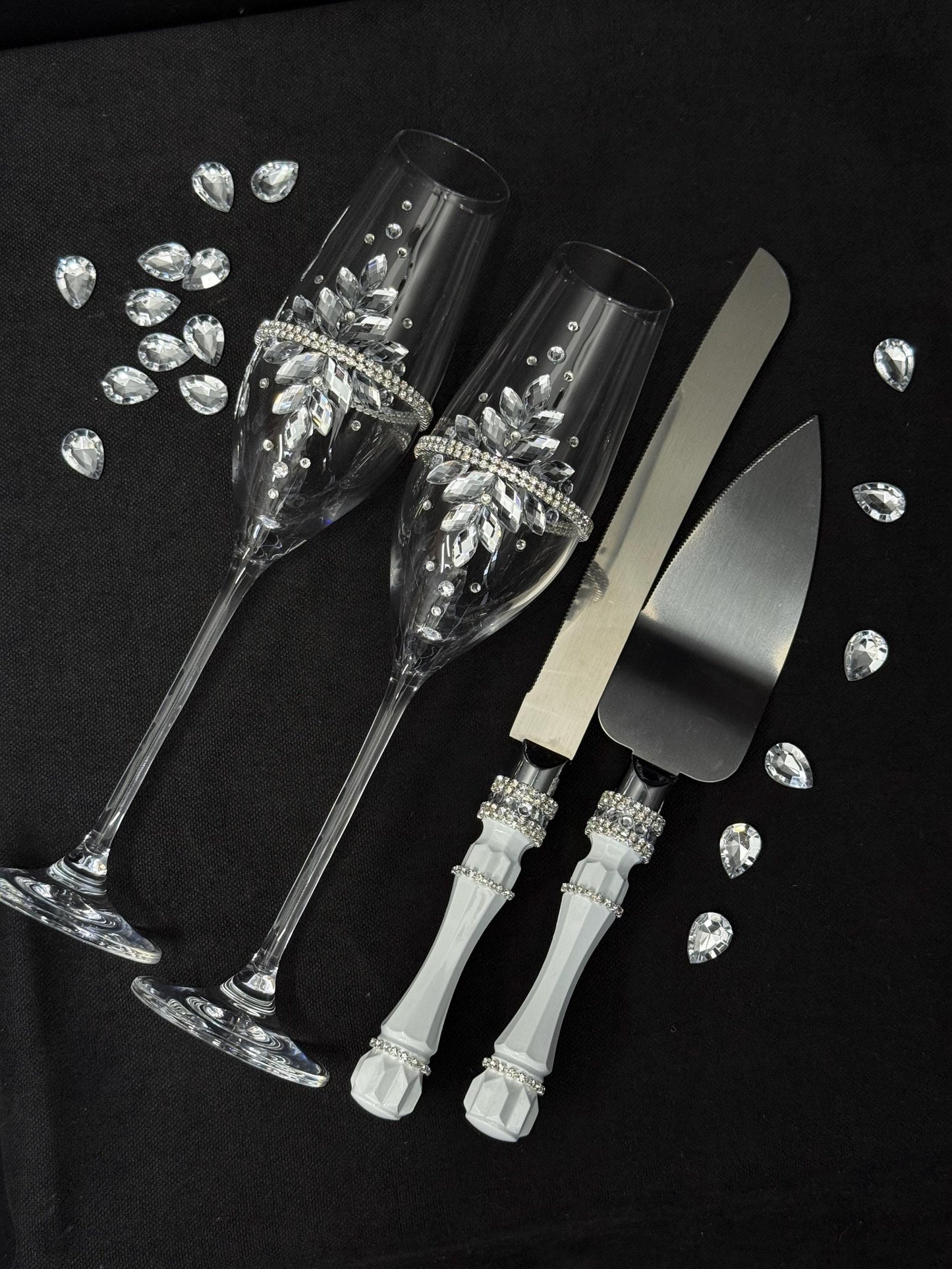 Silver Wedding Cake Serving Set: Champagne Flutes, Knife, Acrylic Crystals