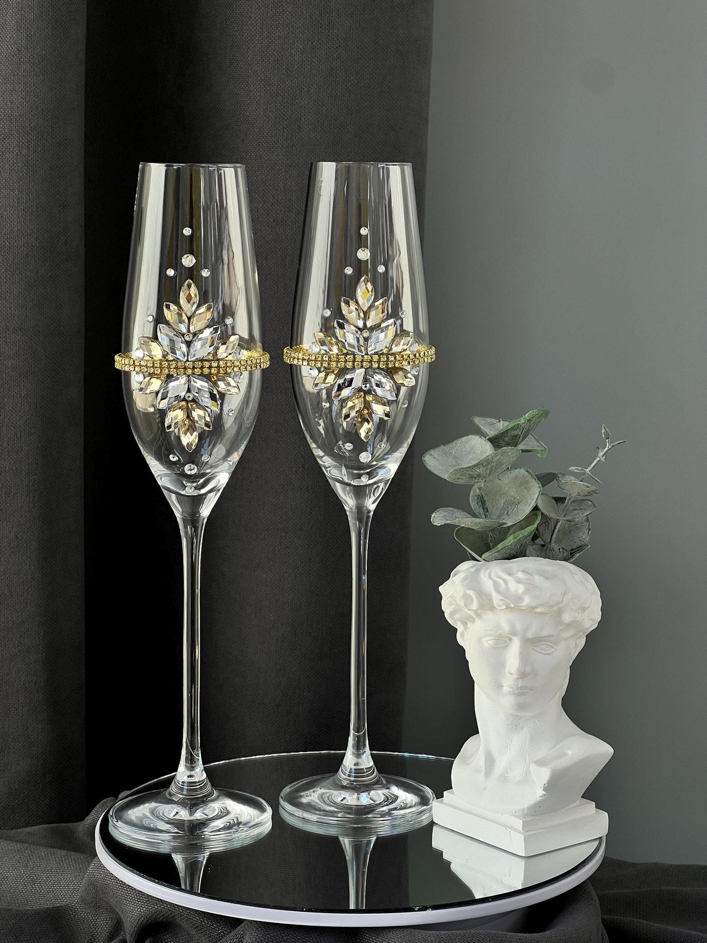 Gold Wedding Cake Serving Set: Champagne Flutes, Knife, Server, Acrylic Crystals