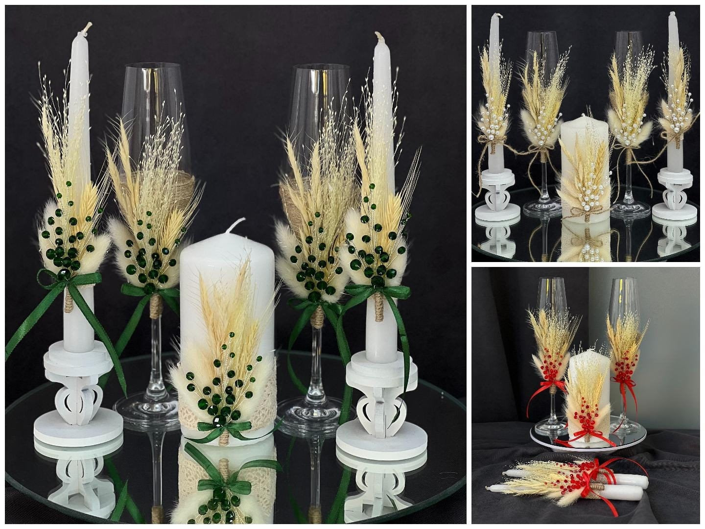 Emerald Wedding Champagne Flutes and Unity Candle Set