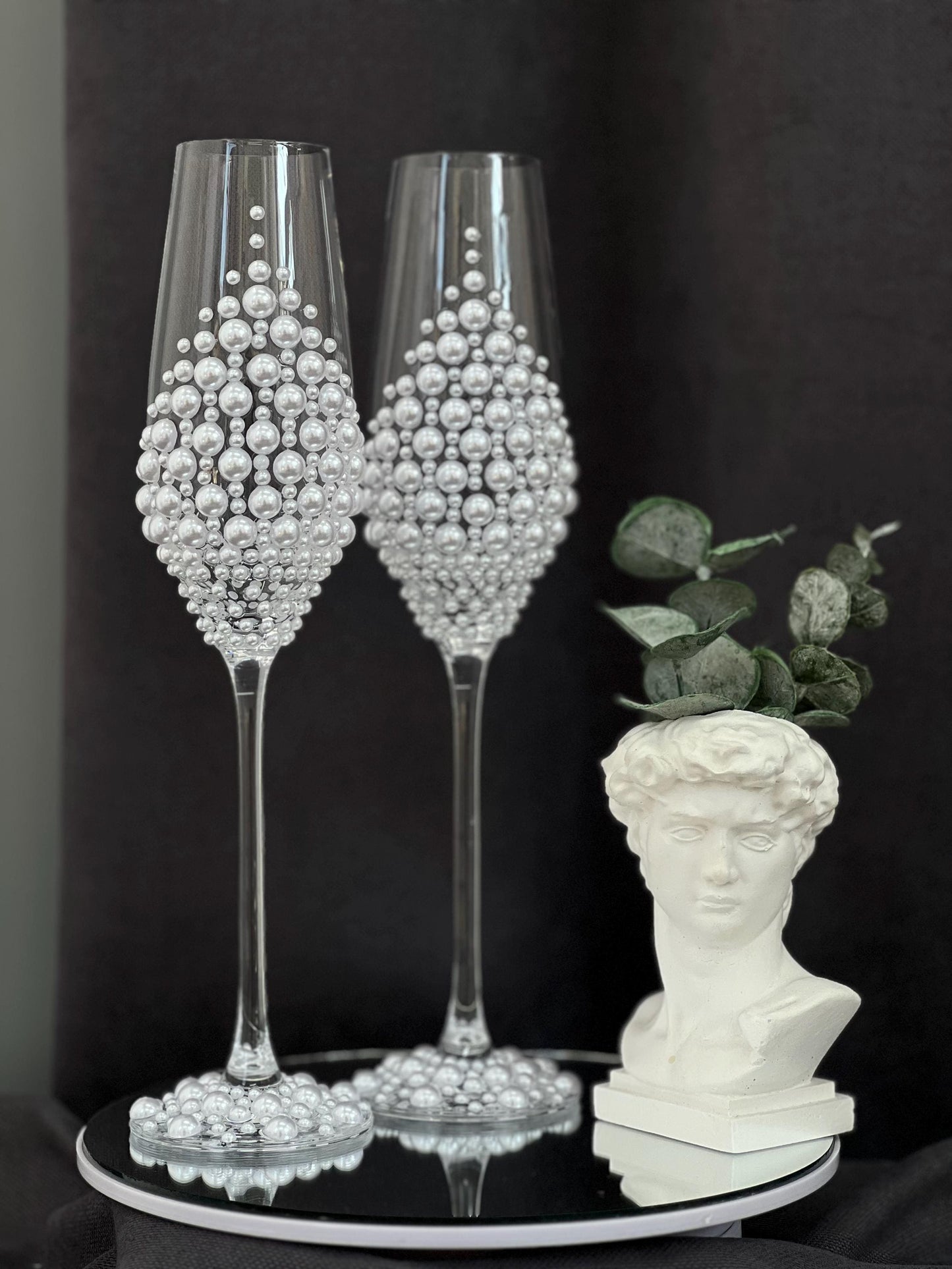 Wedding Flutes & Candle, Cutlery Set – White Glasses and Candles with Pearl Decoration, Wedding Gift, Bride and Groom