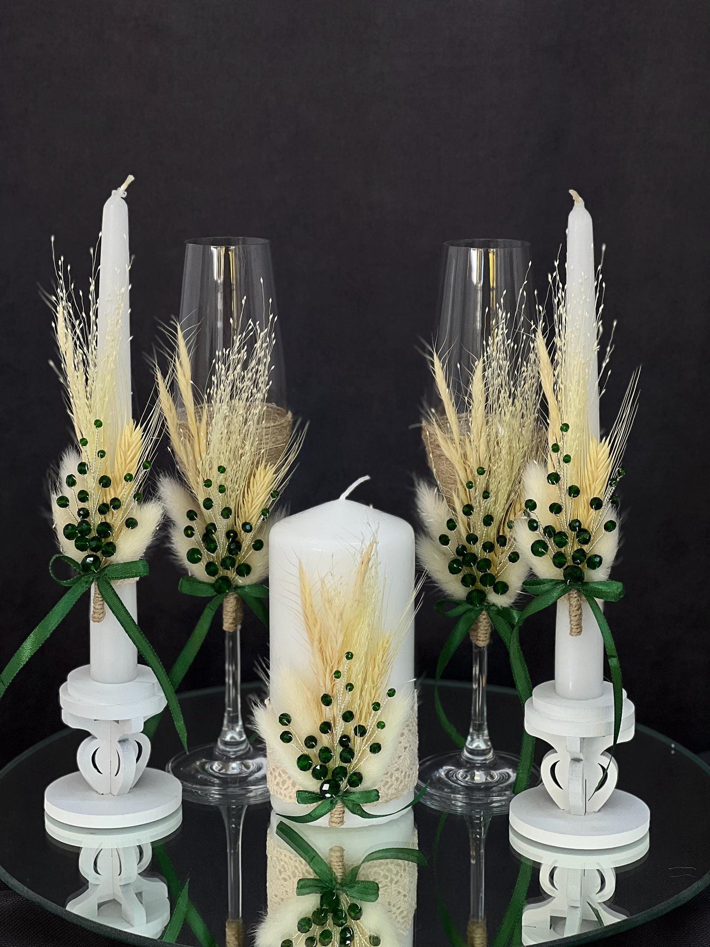 Emerald Wedding Champagne Flutes and Unity Candle Set