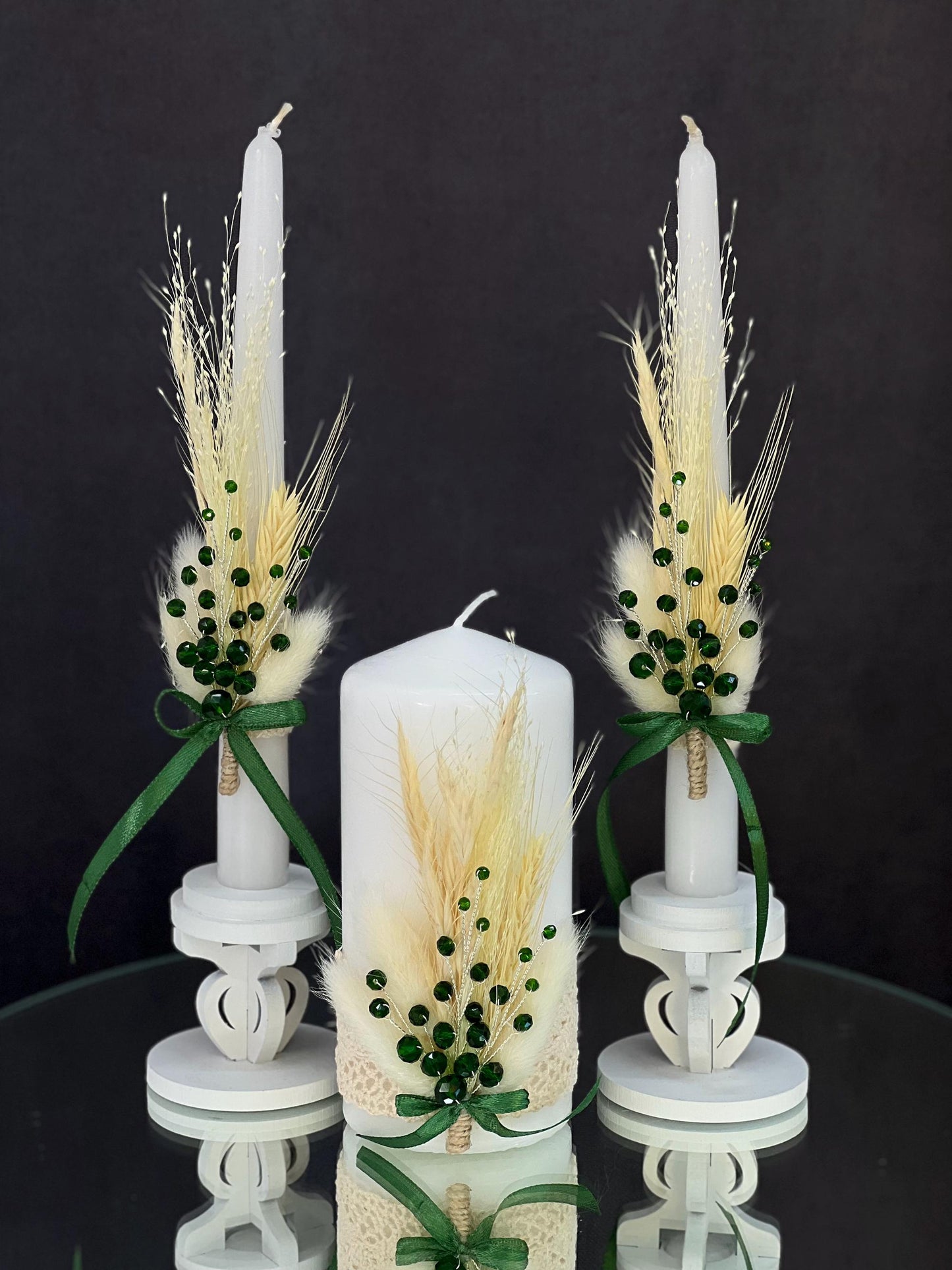 Emerald Wedding Champagne Flutes and Unity Candle Set