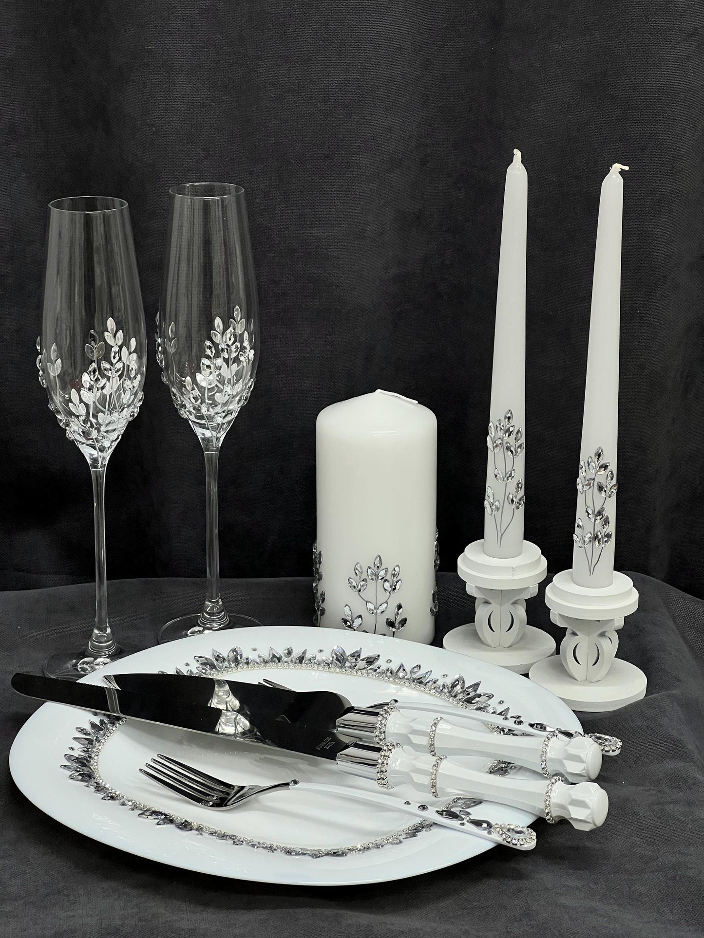 Wedding Accessories Set – Handmade Glasses, Candle and Cake Cutting Collection, Plate & Forks,