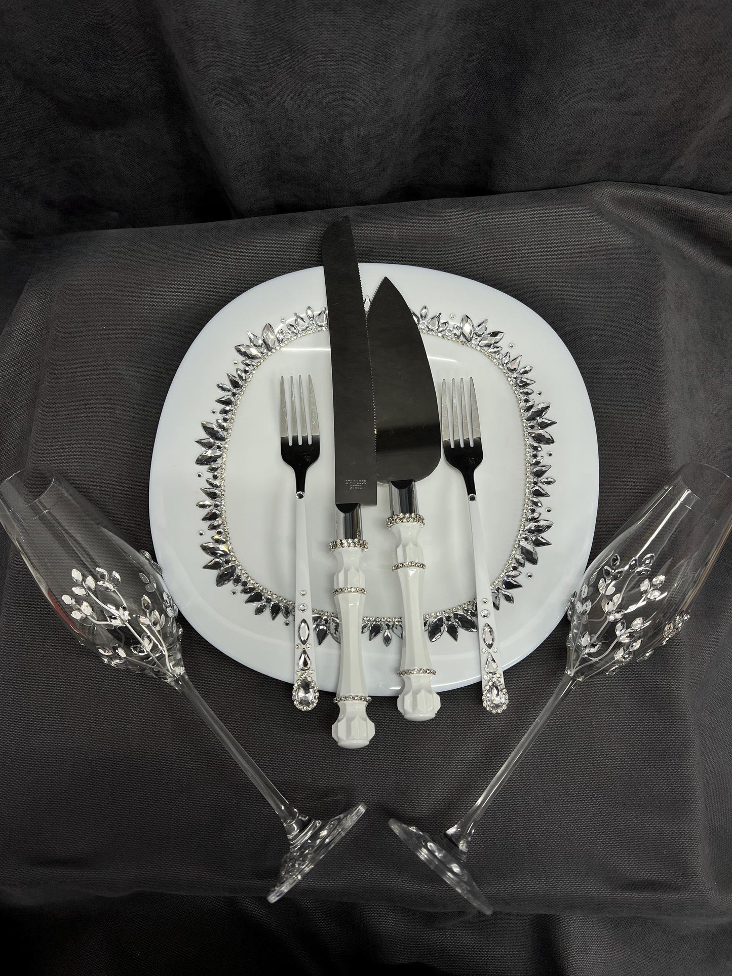 Wedding Accessories Set – Handmade Glasses, Candle and Cake Cutting Collection, Plate & Forks,