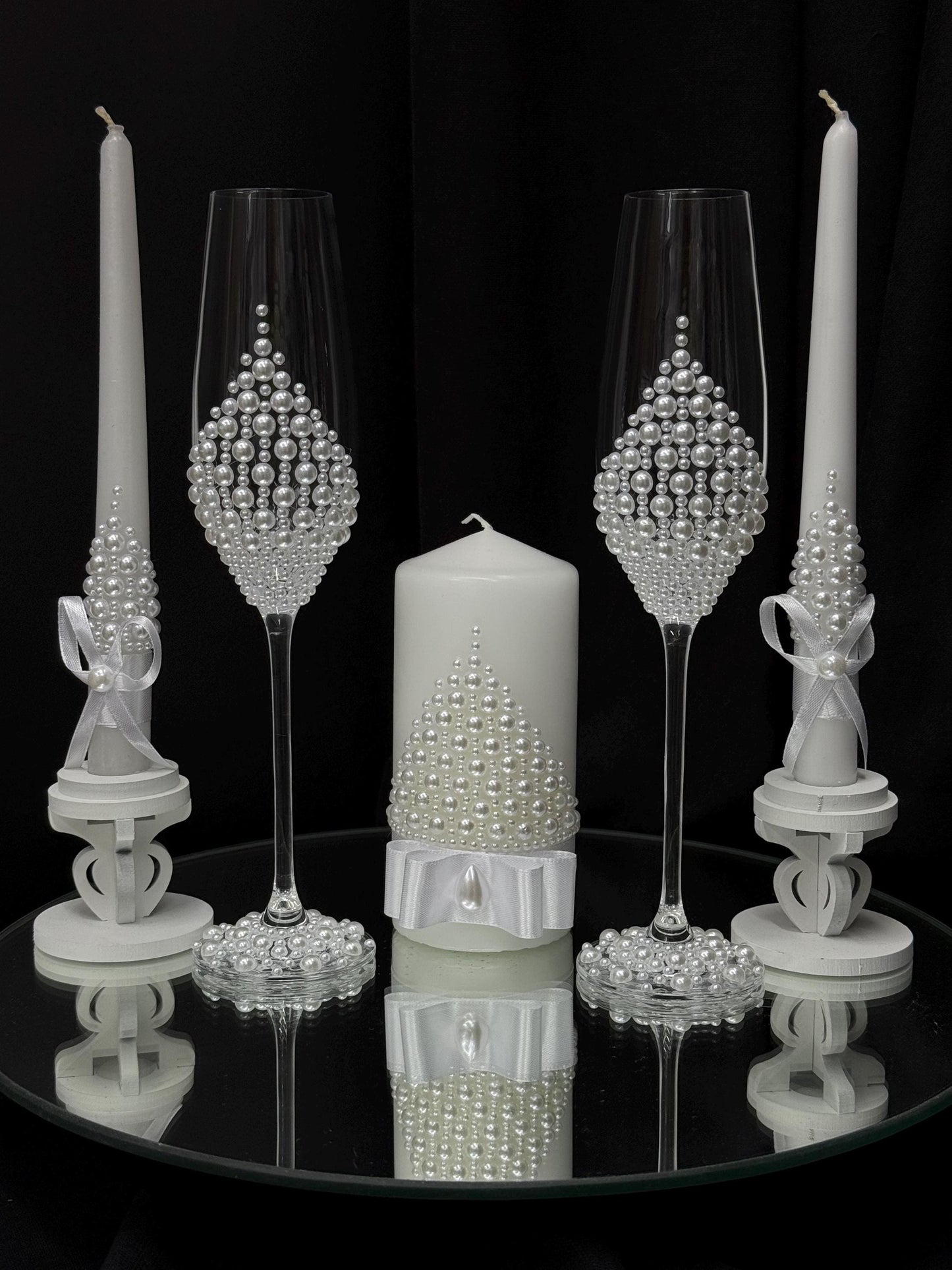 Wedding Flutes & Candle, Cutlery Set – White Glasses and Candles with Pearl Decoration, Wedding Gift, Bride and Groom