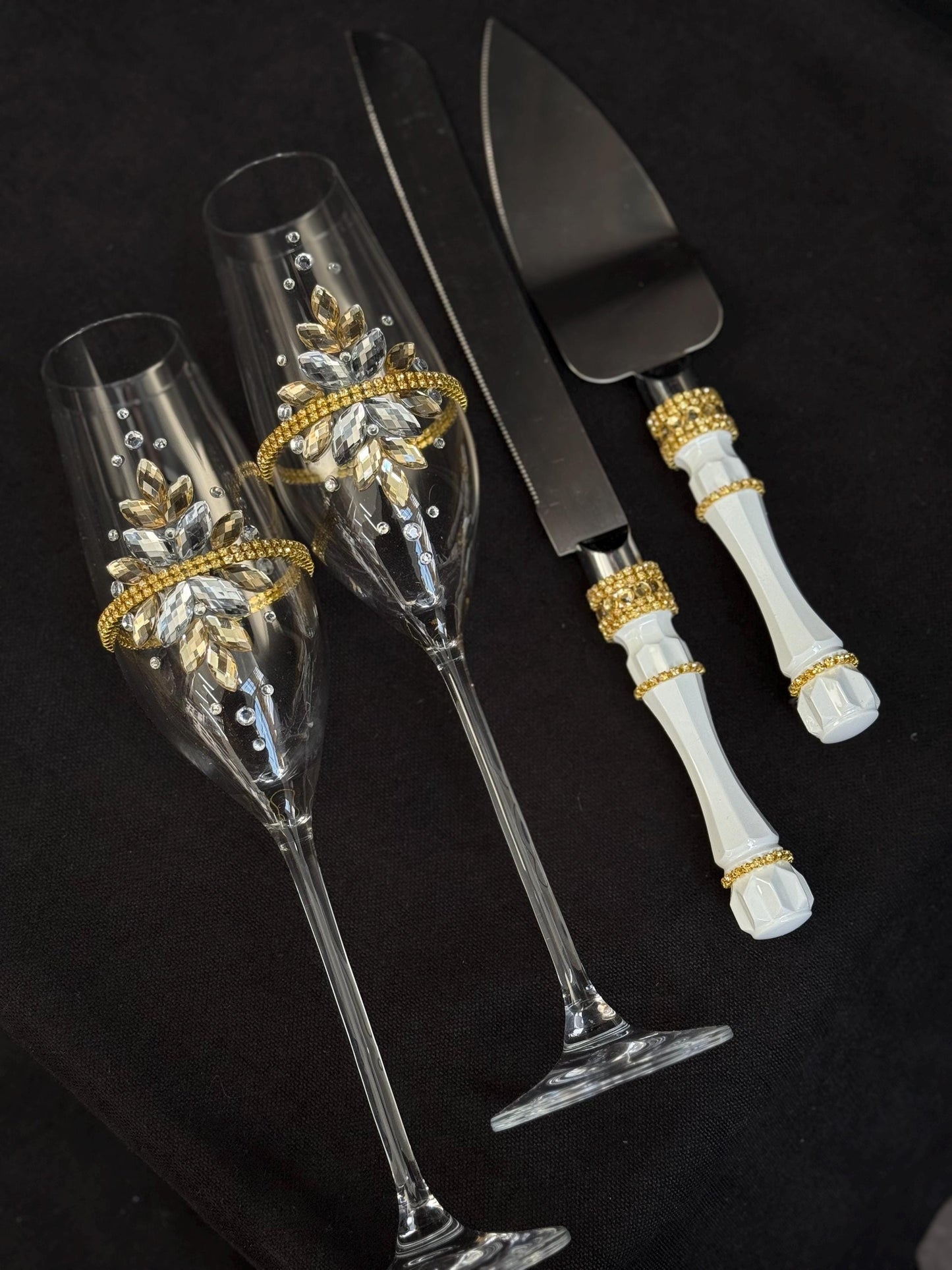 Gold Wedding Cake Serving Set: Champagne Flutes, Knife, Server, Acrylic Crystals