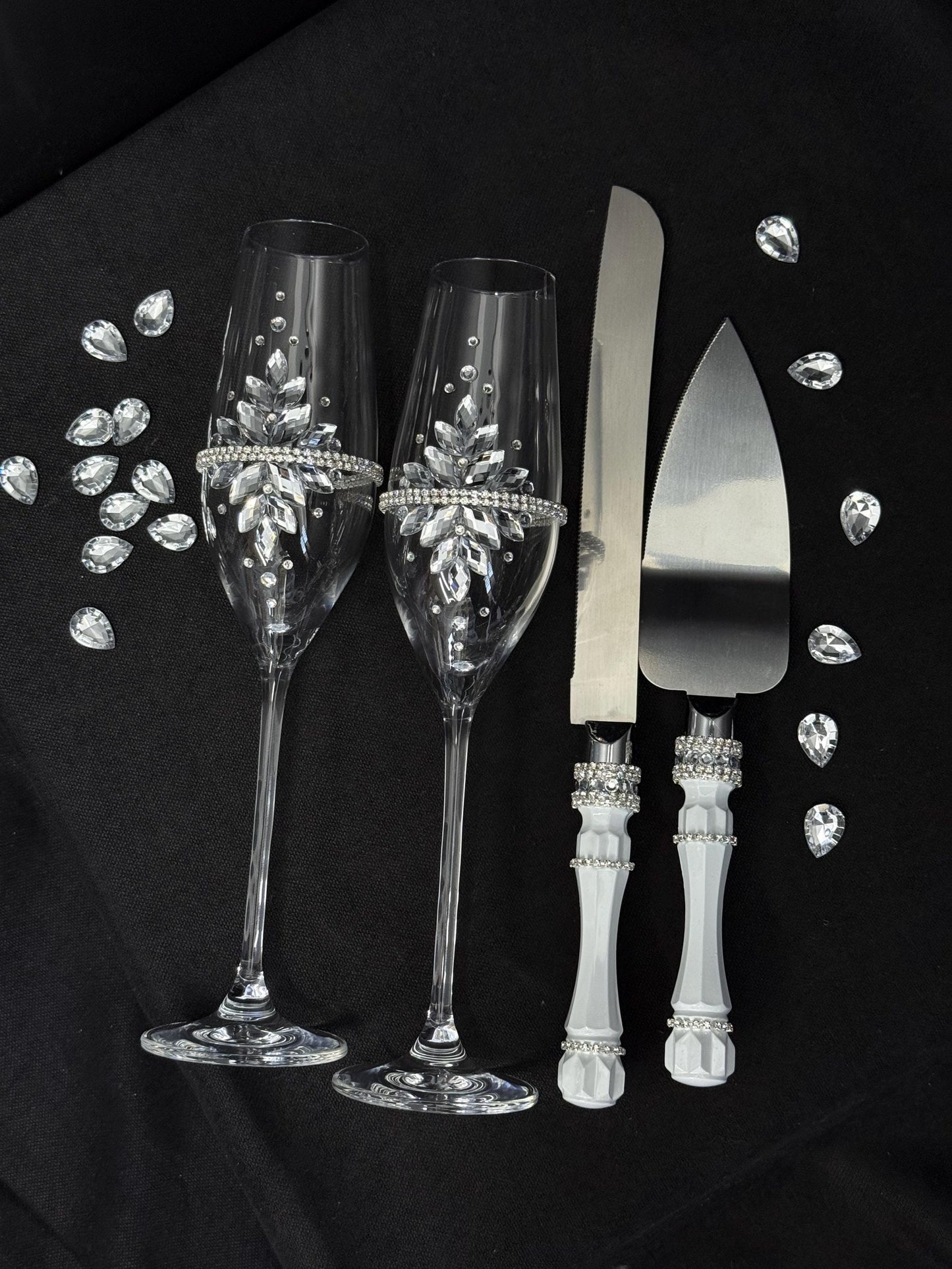 Silver Wedding Cake Serving Set: Champagne Flutes, Knife, Acrylic Crystals