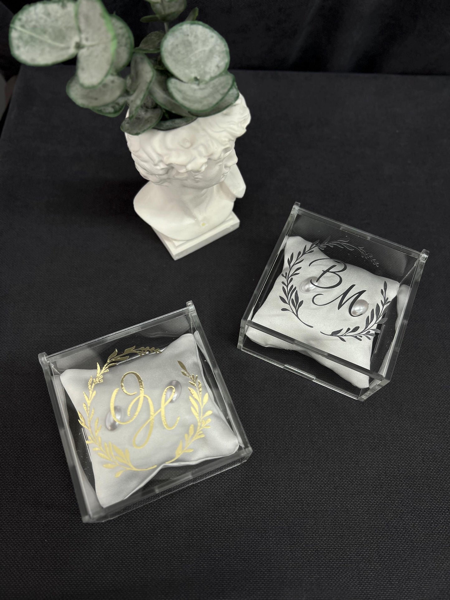 Personalized Wedding Ring Box, Acrylic Transparent Holder with Beads, Cushion, Gold or Silver