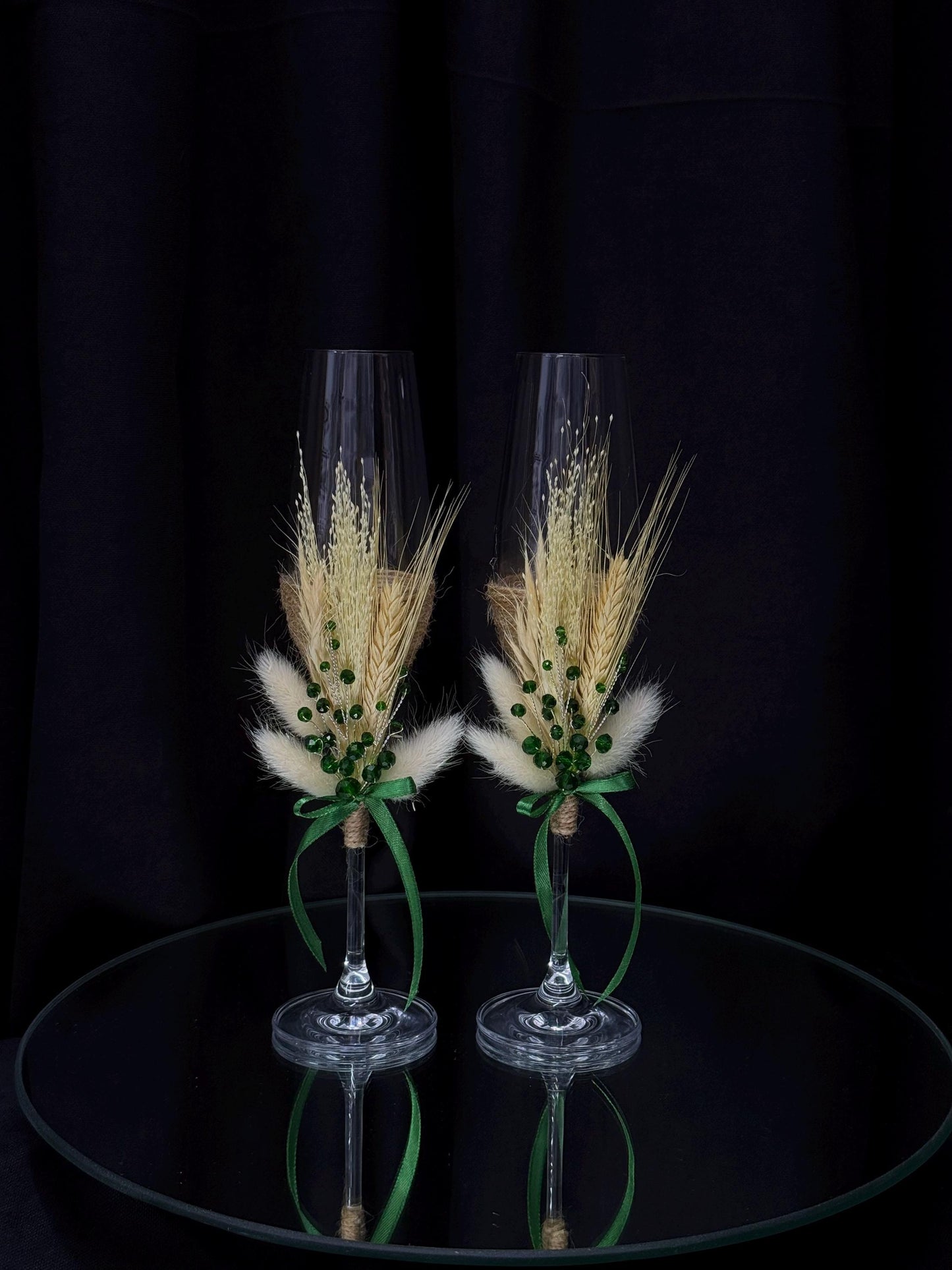 Stunning Wedding Flutes & Candle Set – White or Cream Glasses and Candles with Emerald Crystal Decoration, Wedding Gift, Bride and Groom