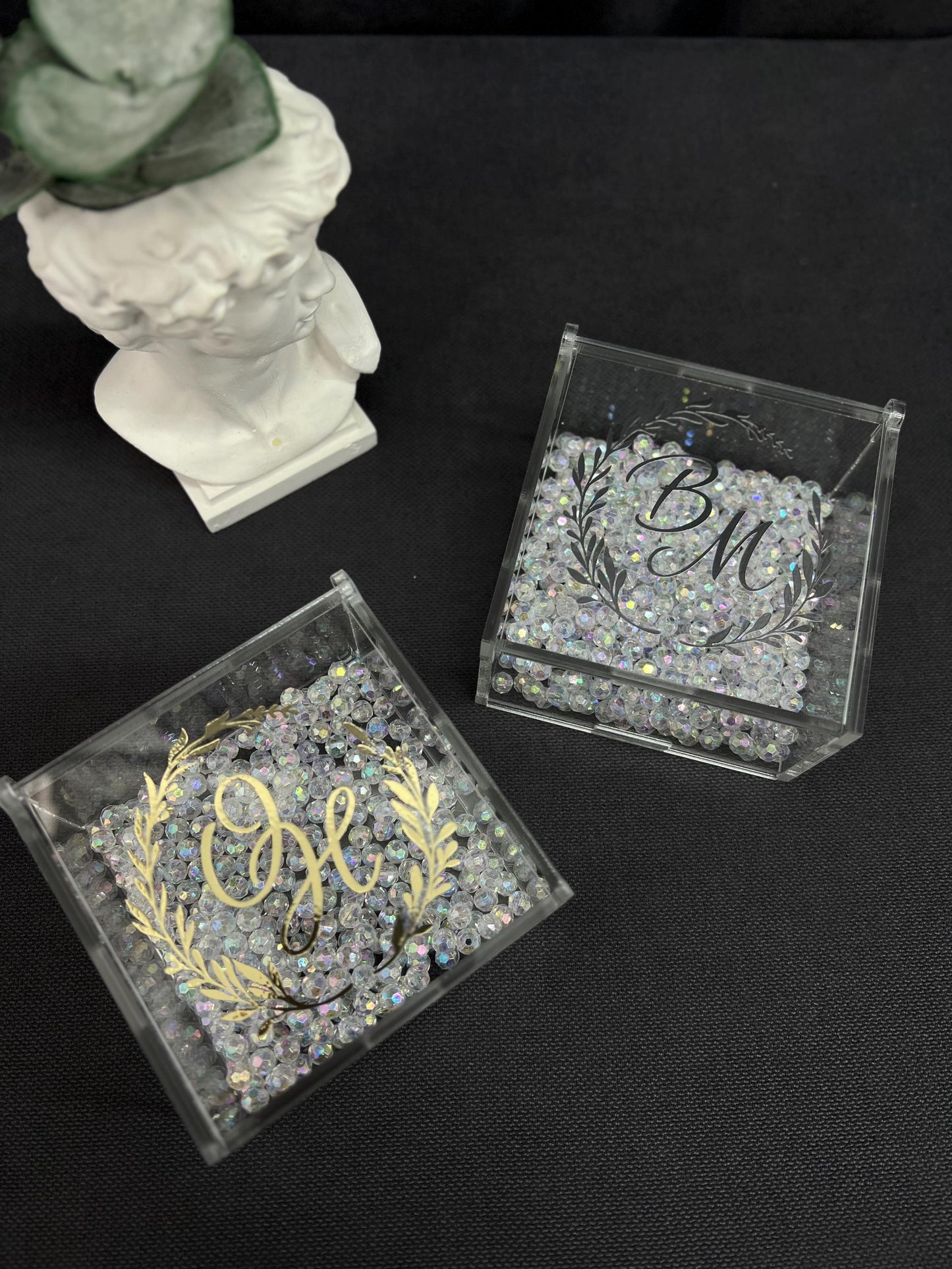 Personalized Wedding Ring Box, Acrylic Transparent Holder with Beads, Cushion, Gold or Silver