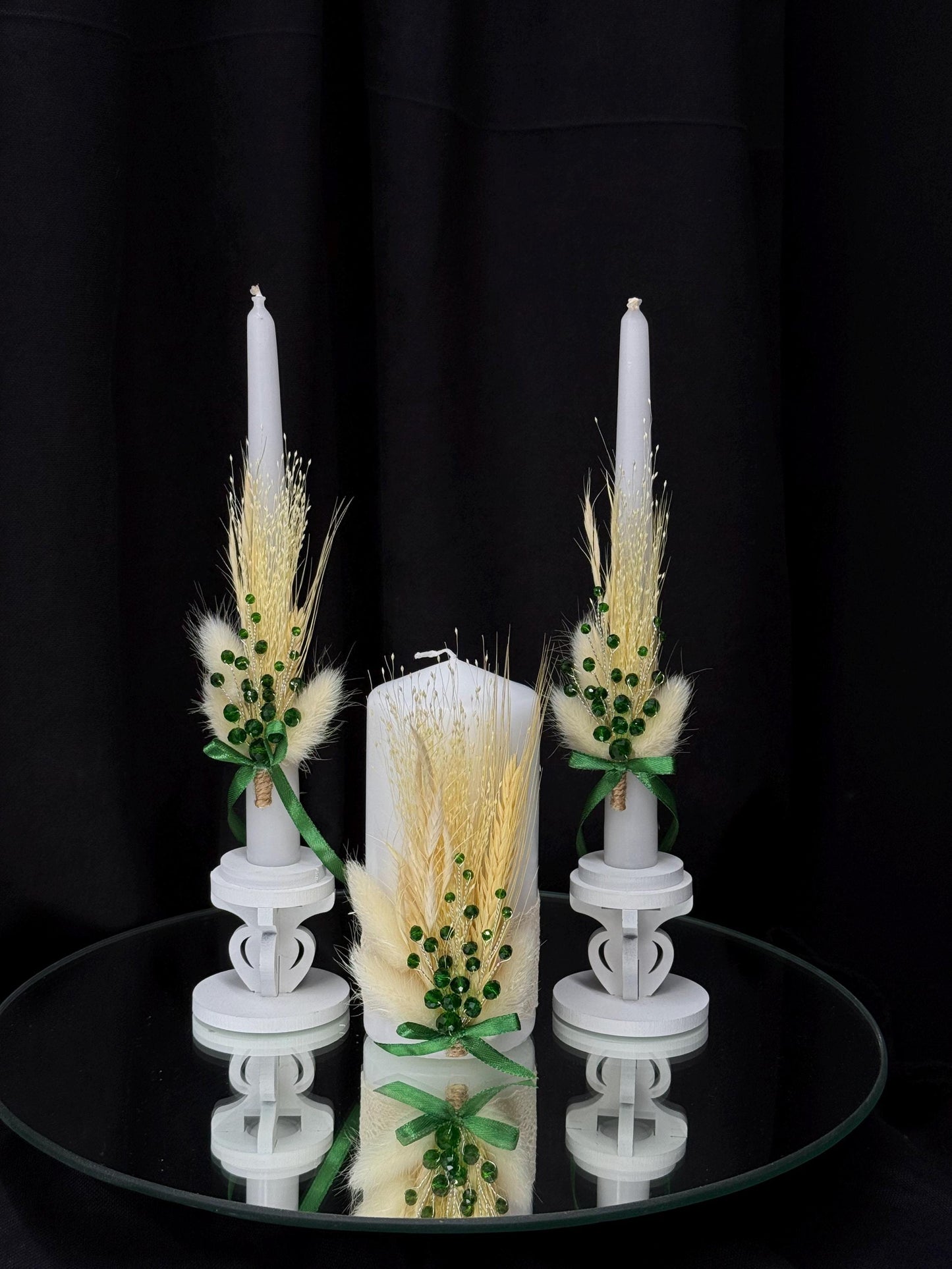 Stunning Wedding Flutes & Candle Set – White or Cream Glasses and Candles with Emerald Crystal Decoration, Wedding Gift, Bride and Groom
