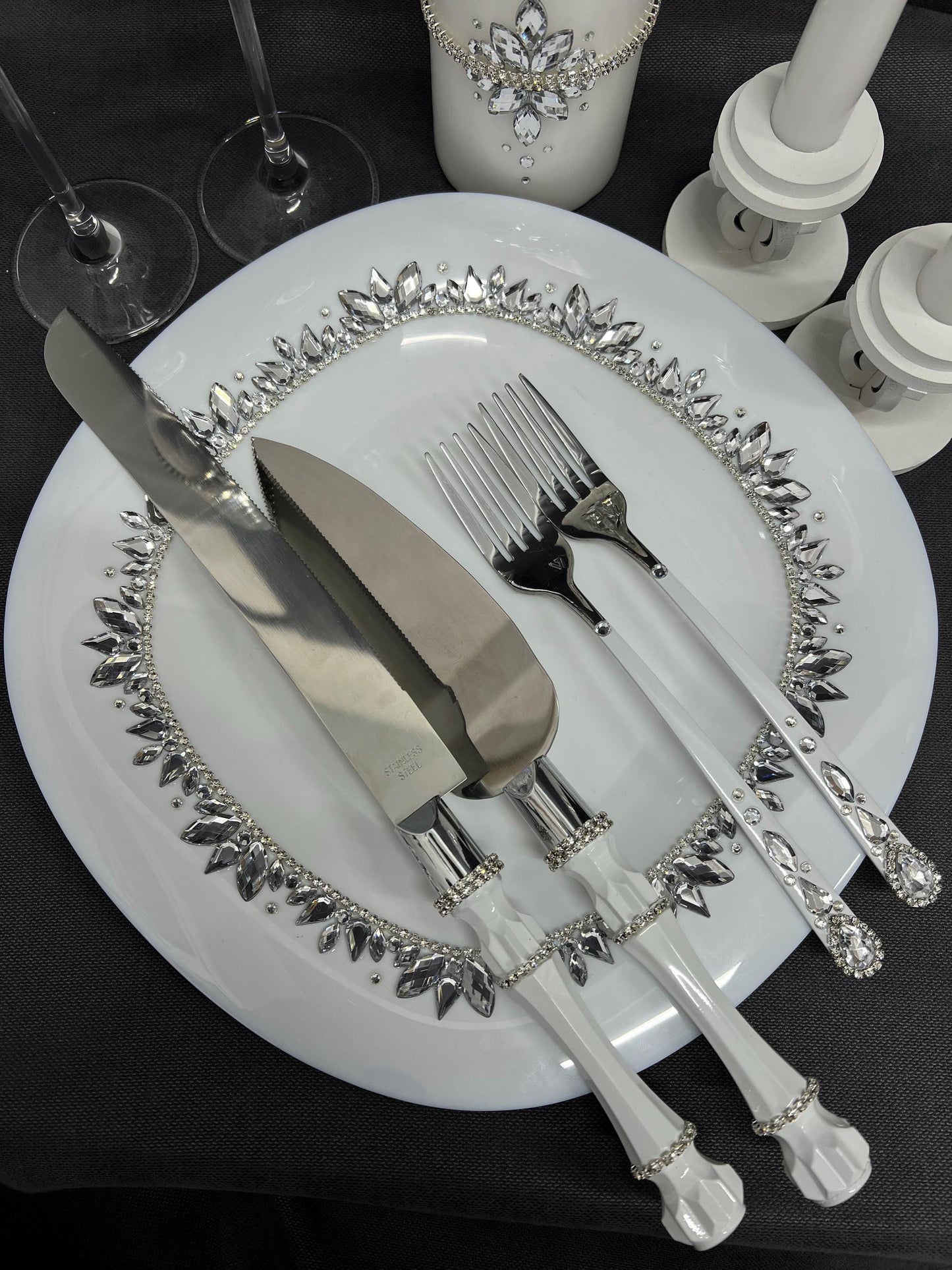 Wedding Accessories Set with Champagne Flutes, Cake Serving, Candles, Bride and Groom