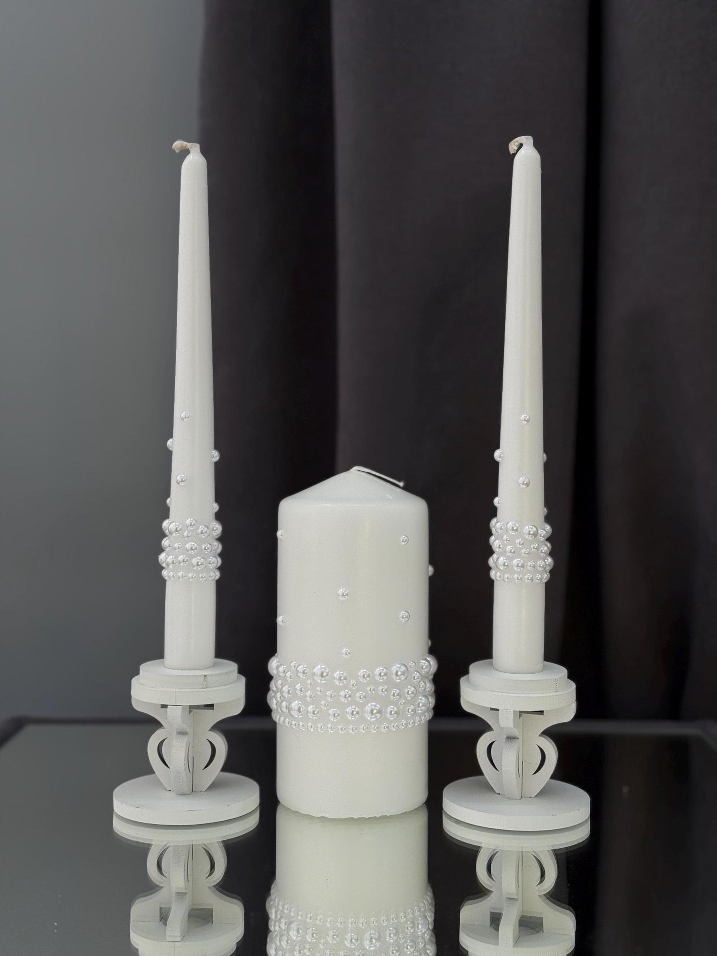 Handmade Pearl Wedding Flutes and Candle Set: Elegant Painted Glasses