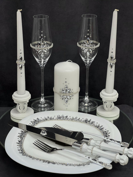Wedding Accessories Set with Champagne Flutes, Cake Serving, Candles, Bride and Groom