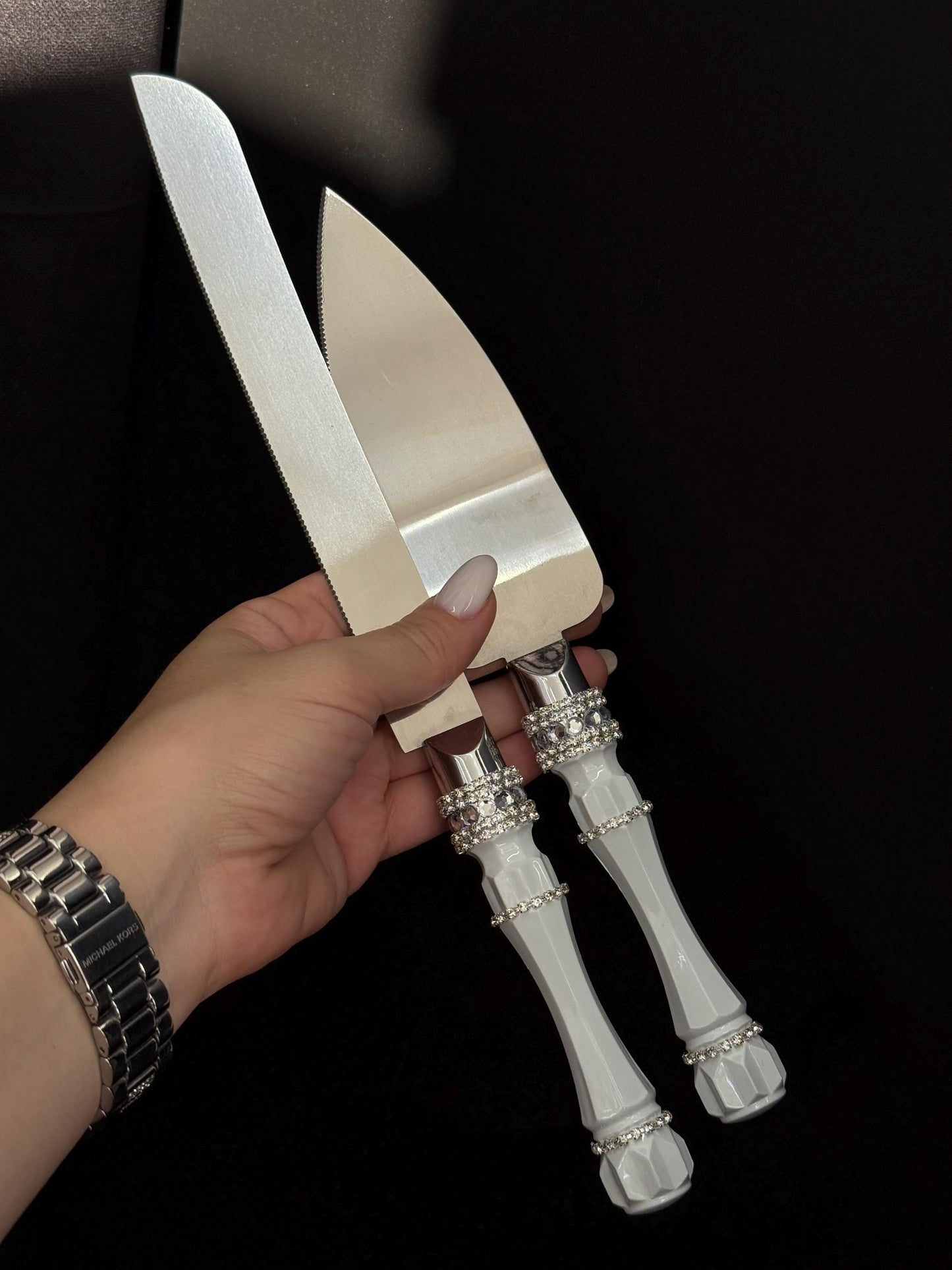 Silver Wedding Cake Serving Set: Champagne Flutes, Knife, Acrylic Crystals