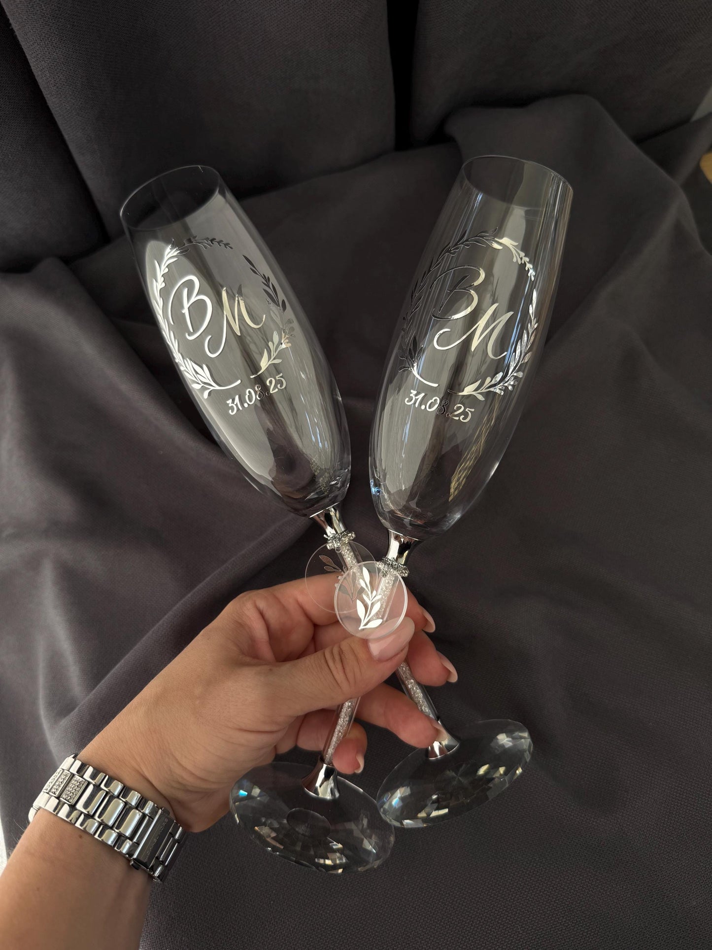 Crystal Wedding Glasses with Personalization, For Newlyweds, Bride and Groom, Name Engraved Flutes