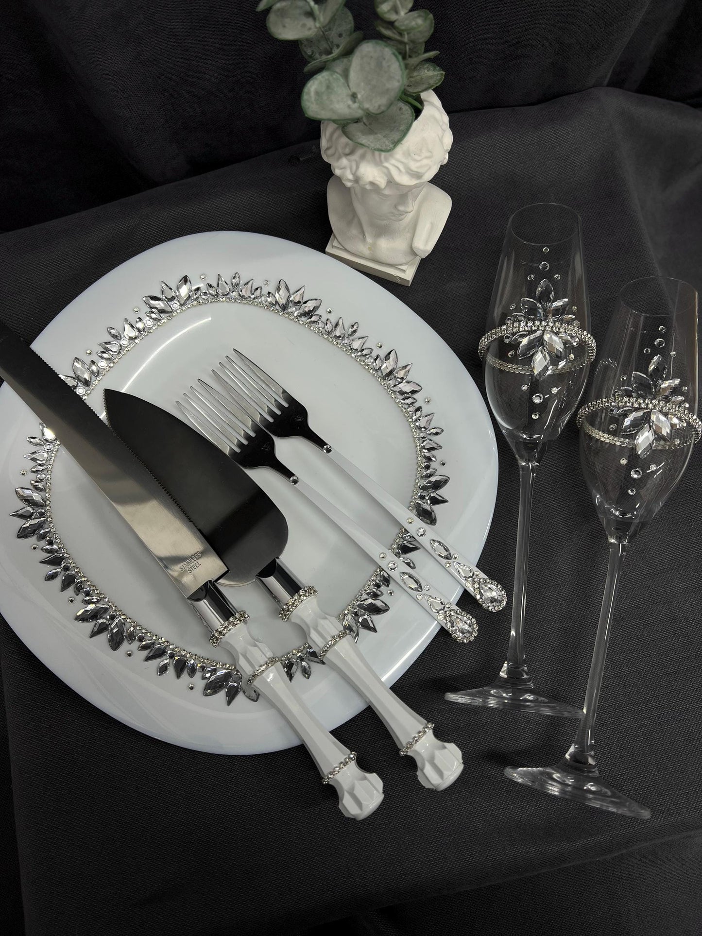 Wedding Accessories Set with Champagne Flutes, Cake Serving, Candles, Bride and Groom