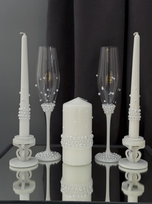 Handmade Pearl Wedding Flutes and Candle Set: Elegant Painted Glasses
