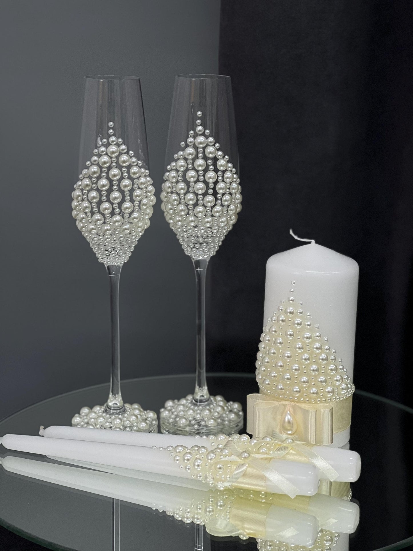 Gorgeous Wedding Flutes & Candle Set – White or Cream Glasses and Candles with Pearl Decoration, Wedding Gift, Bride and Groom