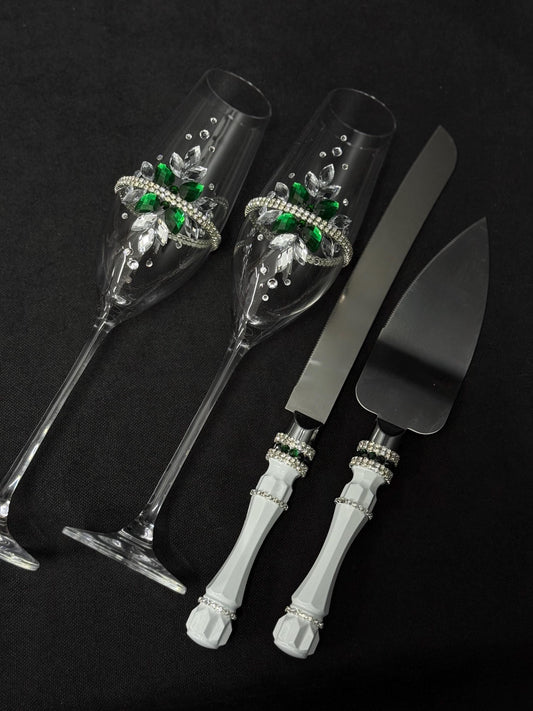 Emerald Wedding Accessories Set: Champagne Flutes, Unity Candles, Cake Cutting