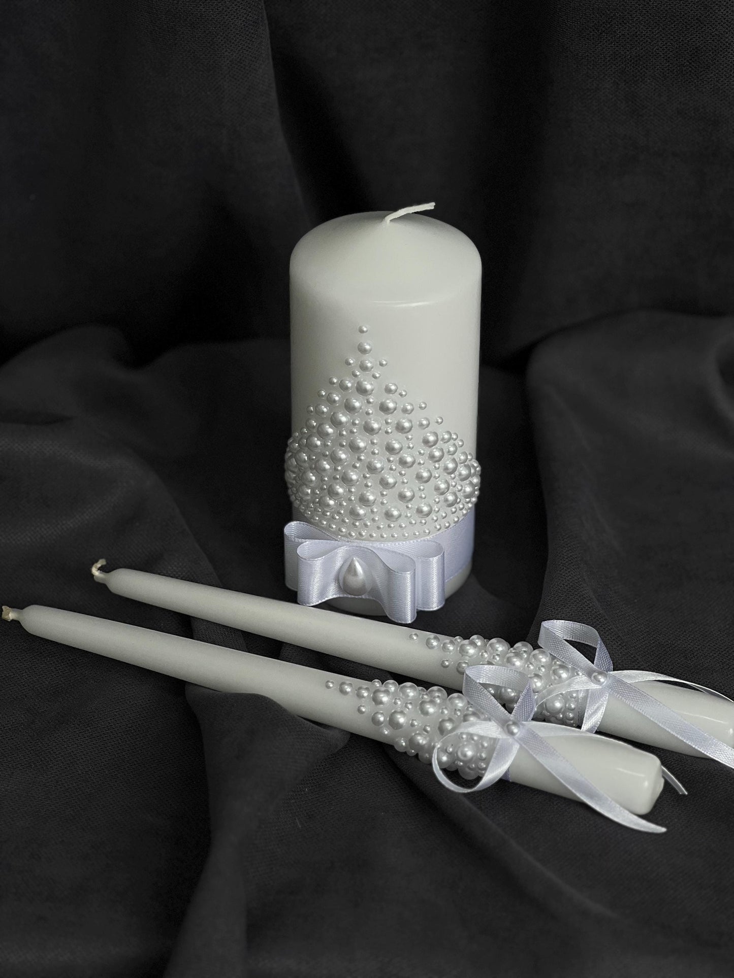 Gorgeous Wedding Flutes & Candle Set – White or Cream Glasses and Candles with Pearl Decoration, Wedding Gift, Bride and Groom