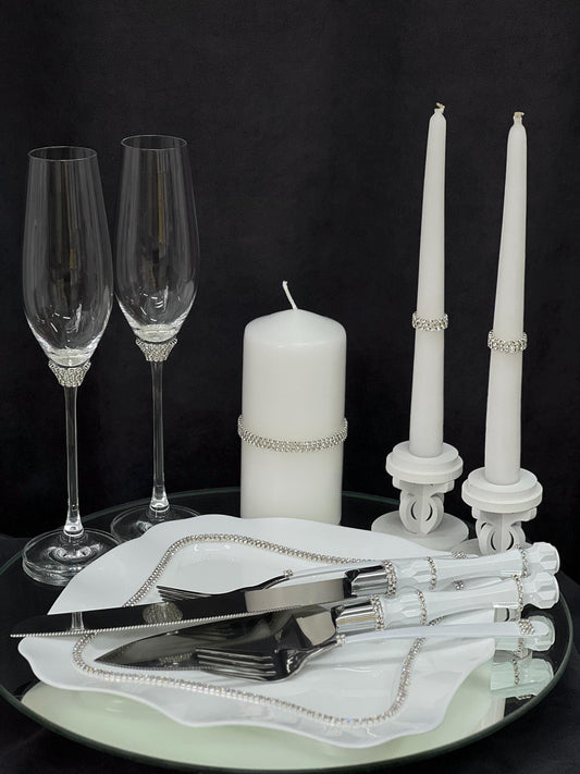 Handmade Wedding Accessories Set: Champagne Glasses, Cake Knife, Candles