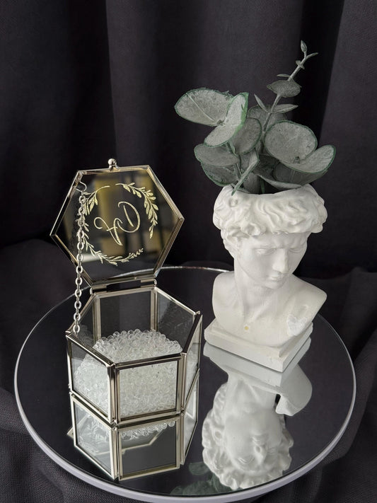 Glass Wedding Ring Box: Metallic Edges & Acrylic Stones Keepsake