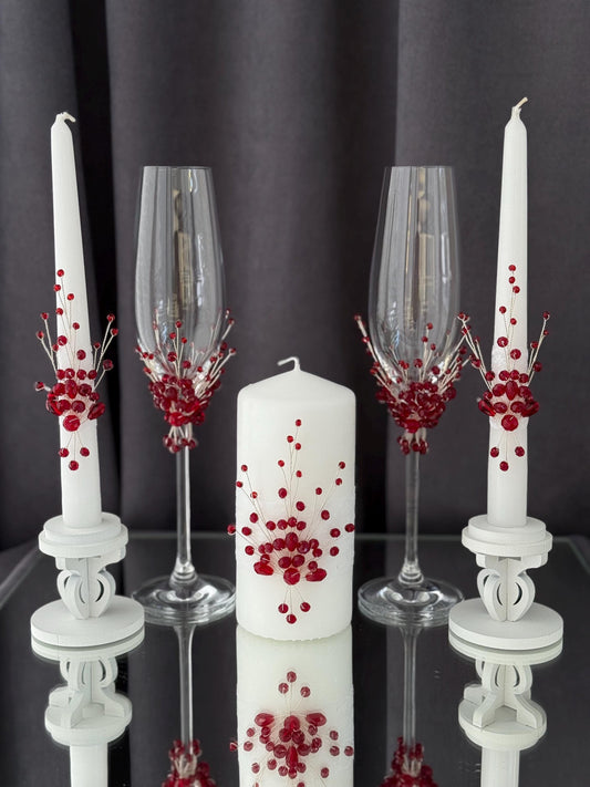 Personalized Red Wedding Flutes & Unity Candle Set: Engraved Champagne Glasses