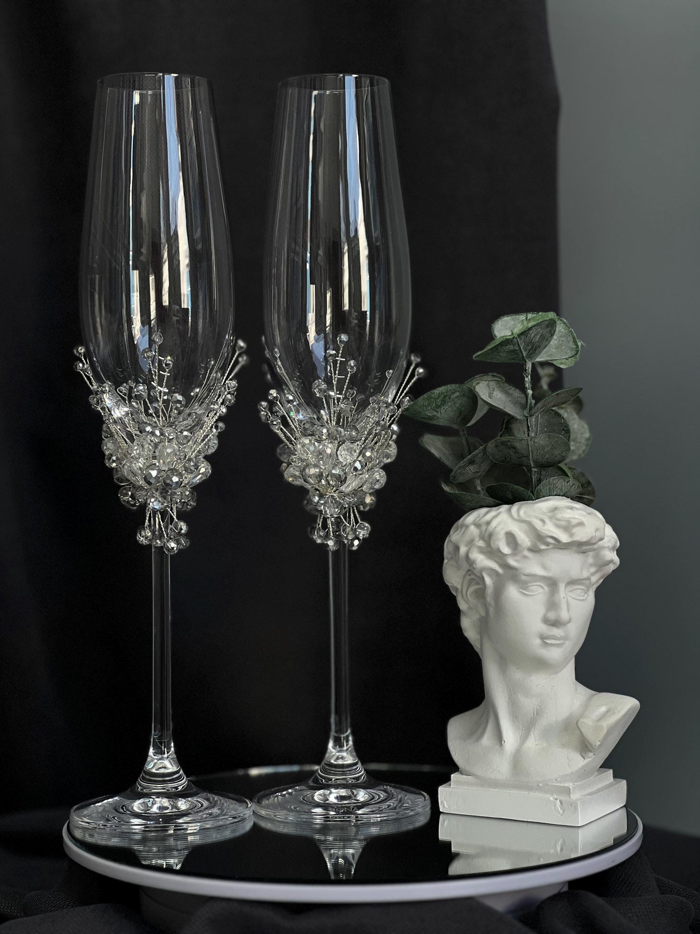 Crystal & Pearl Wedding Champagne Glasses and Candle Set: Bohemian Flutes