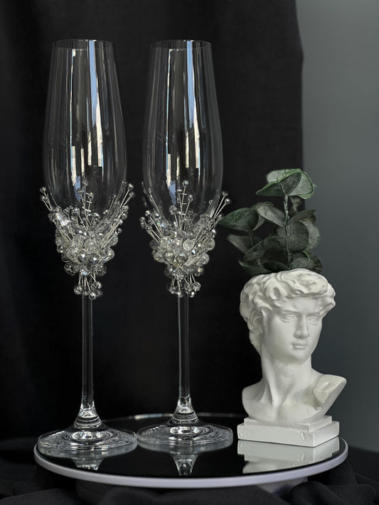 Crystal & Pearl Wedding Champagne Glasses and Candle Set: Bohemian Flutes